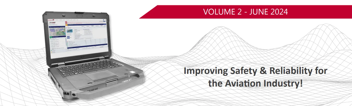 Alaris Pro |  Open rugged laptop displaying an aviation safety software interface with a red banner reading Volume 2 - June 2024 and text improving safety and reliability for the aviation industry.