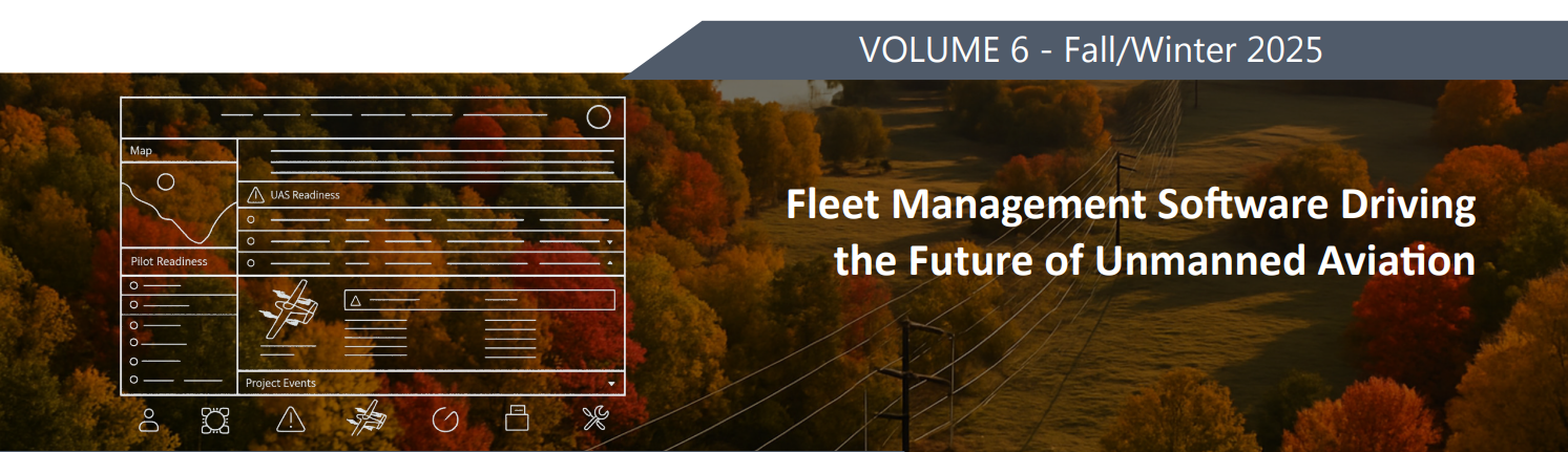 Alaris Pro |  Magazine cover titled 'VOLUME 6 - Fall/Winter 2025' with headline about fleet management software for unmanned aviation over an autumn forest landscape.