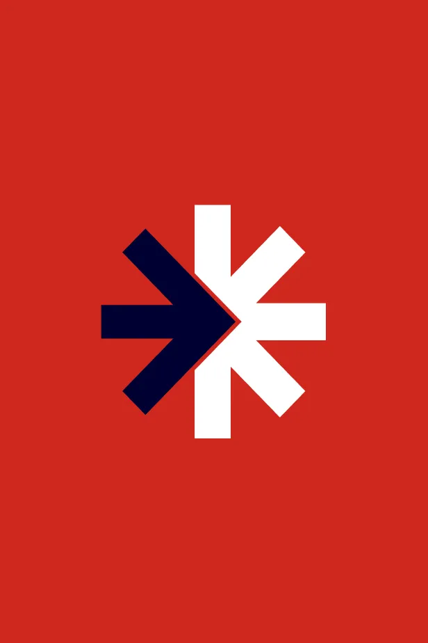 Black right-pointing arrow merging with white six-pointed star on red background.