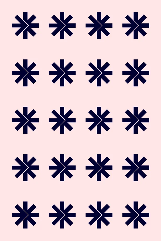 Pattern of dark blue asterisk-like shapes with right-pointing arrows on a light pink background arranged in five rows and four columns.