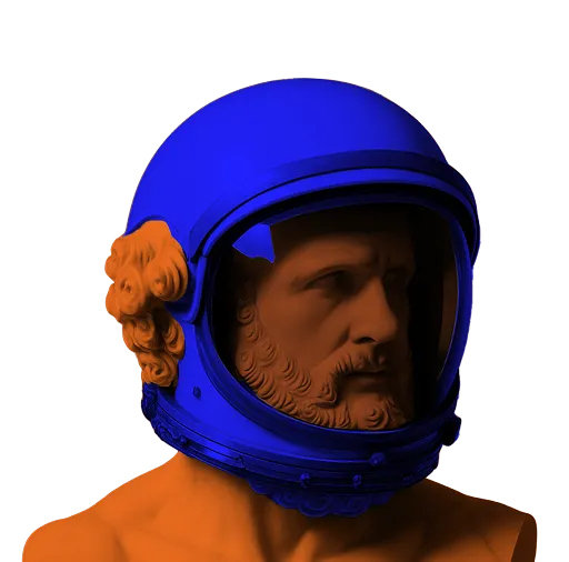 Orange classical bust sculpture wearing a vibrant blue astronaut helmet.