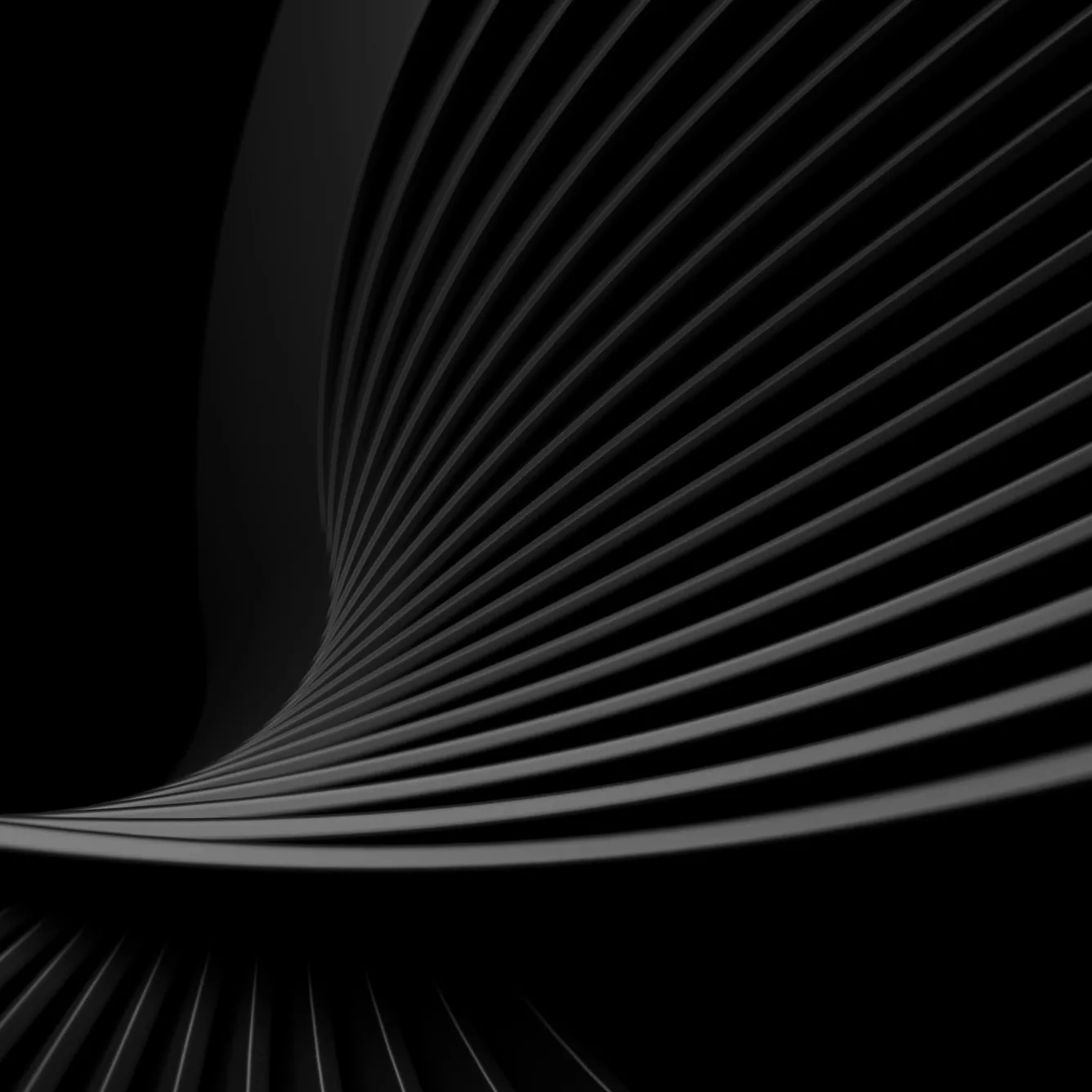Curved, parallel black and gray lines creating an abstract wave-like pattern on a black background.