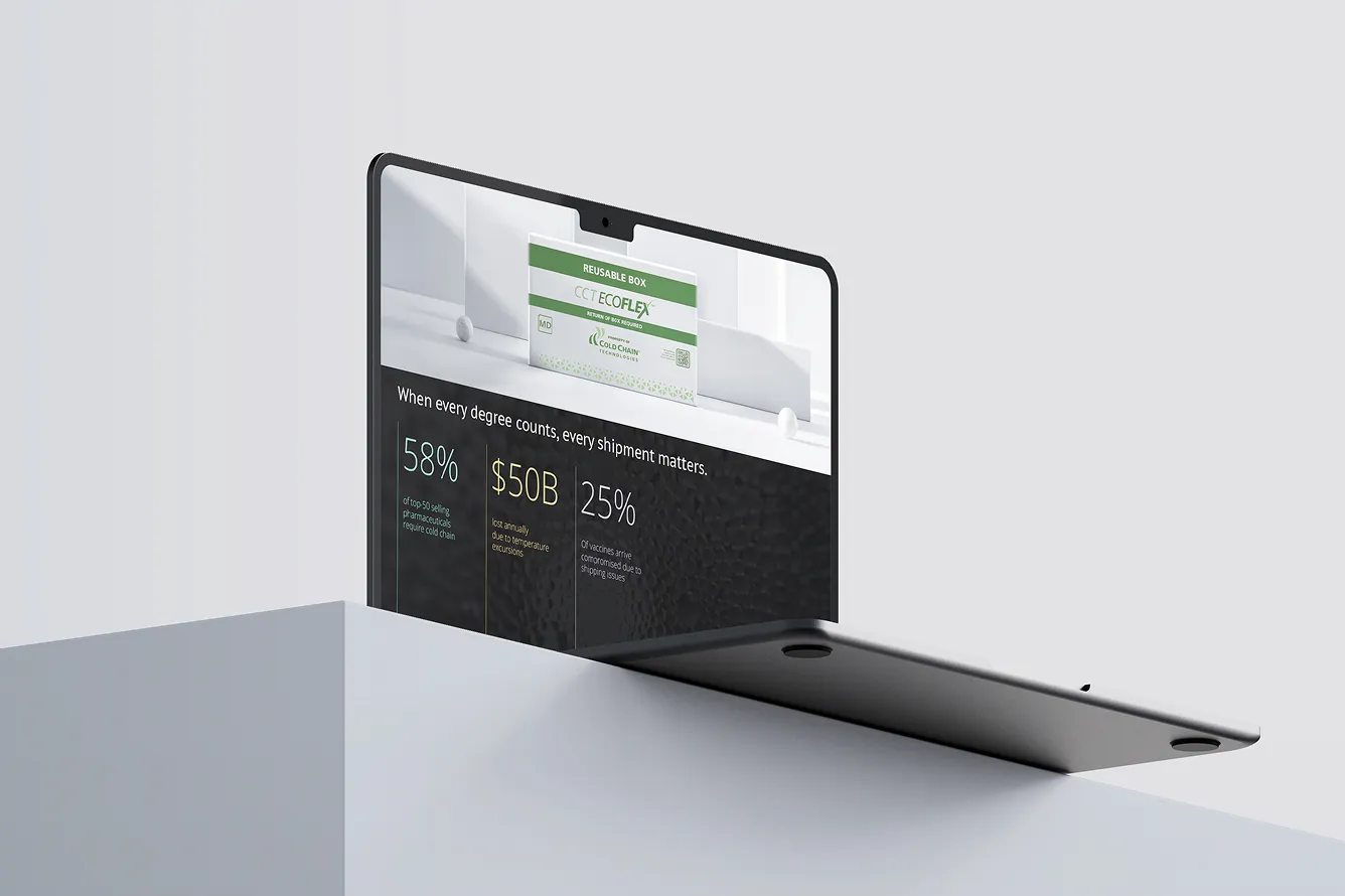 Laptop displaying infographic about cold chain pharmaceuticals, showing statistics on shipment losses and vaccine compromise.