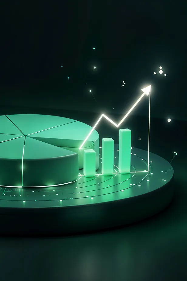 3D green pie chart with rising bar graph and glowing upward arrow on dark background.