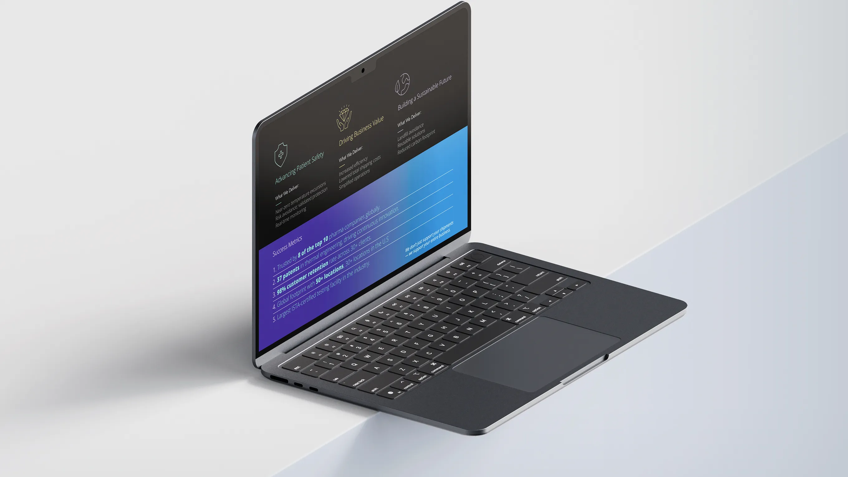Open laptop on a white surface displaying a business presentation slide about patient safety, business value, and sustainability with success metrics.