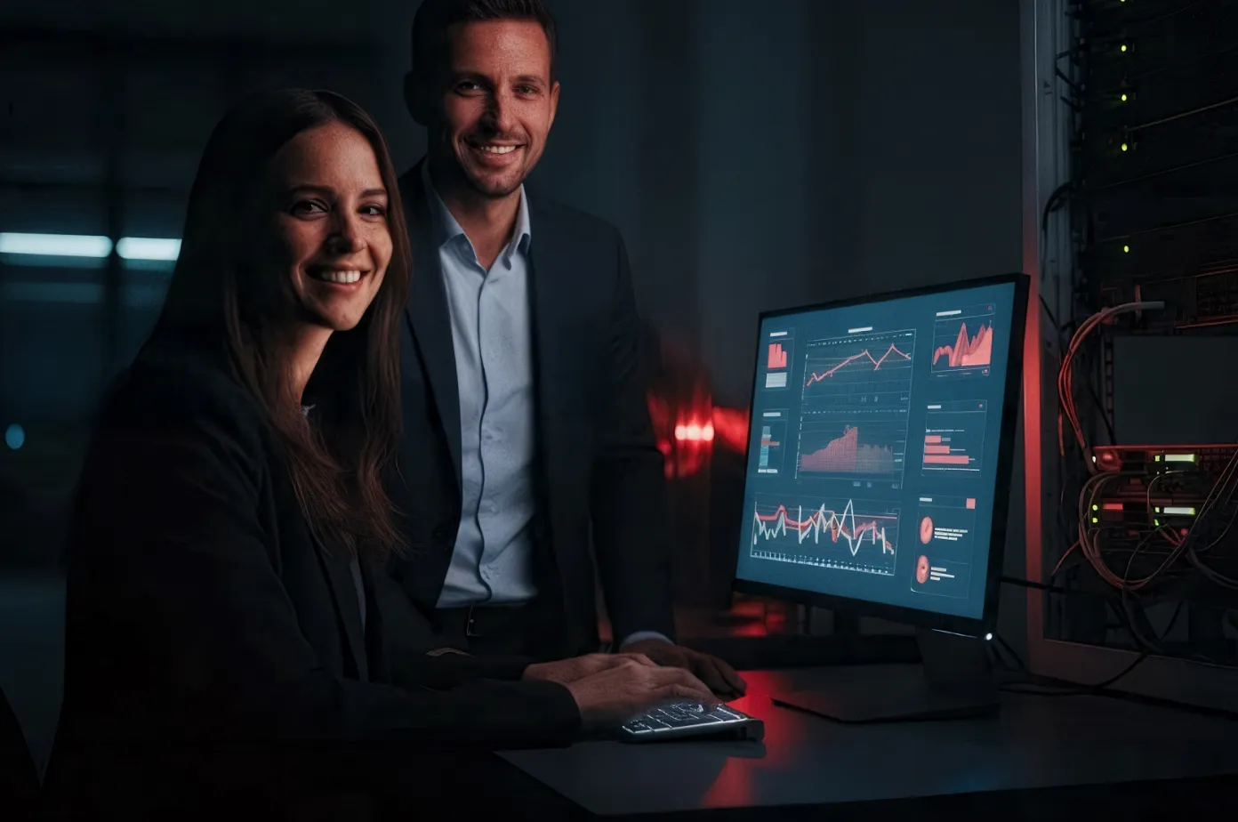 Two professionals smiling while reviewing data charts on a computer monitor in a dark office.