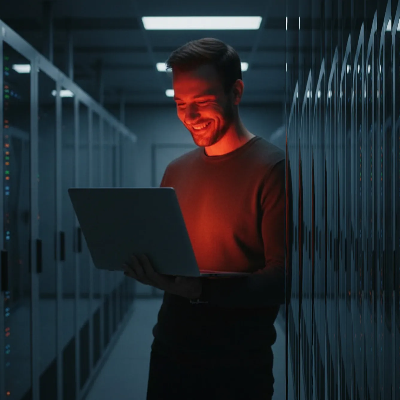 Man smiling while working on a laptop in a dimly lit server room with red light reflecting on his face.