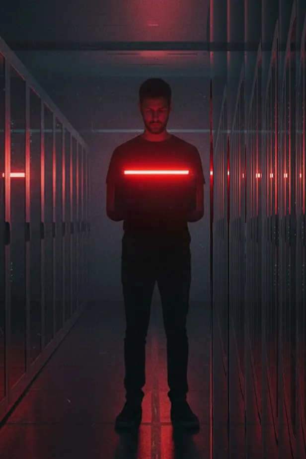 Man standing in a dark corridor between reflective surfaces holding a glowing red light bar at chest level.