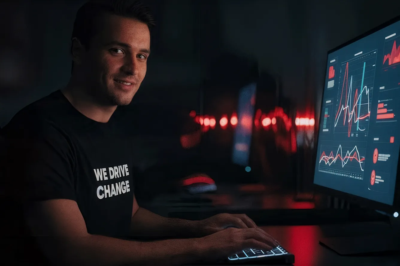 Man wearing a black shirt with 'WE DRIVE CHANGE' typing on an illuminated keyboard in a dim room with a computer screen showing data charts.