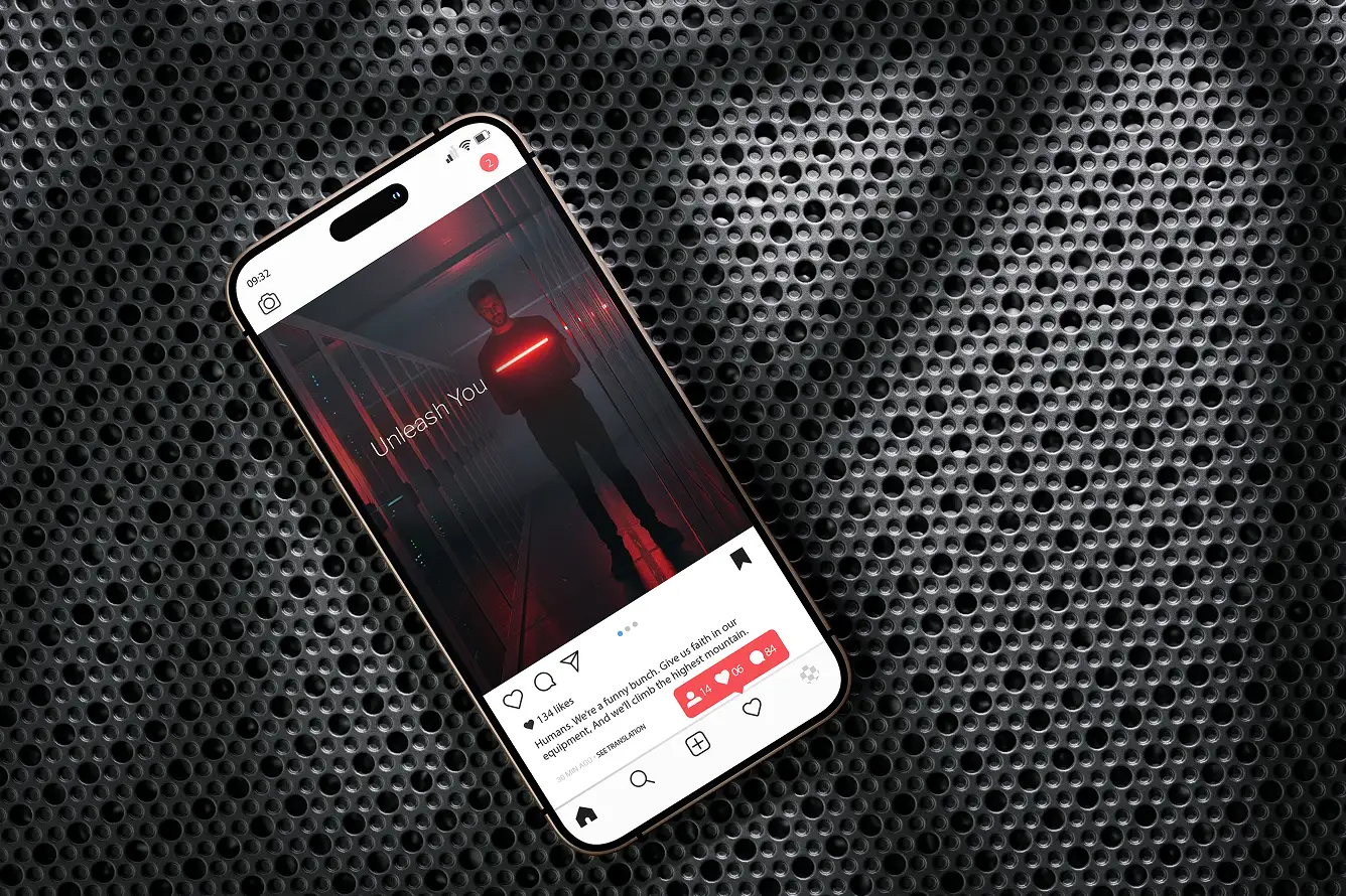 Smartphone displaying a social media post with a person holding a red neon light in a dark server room.