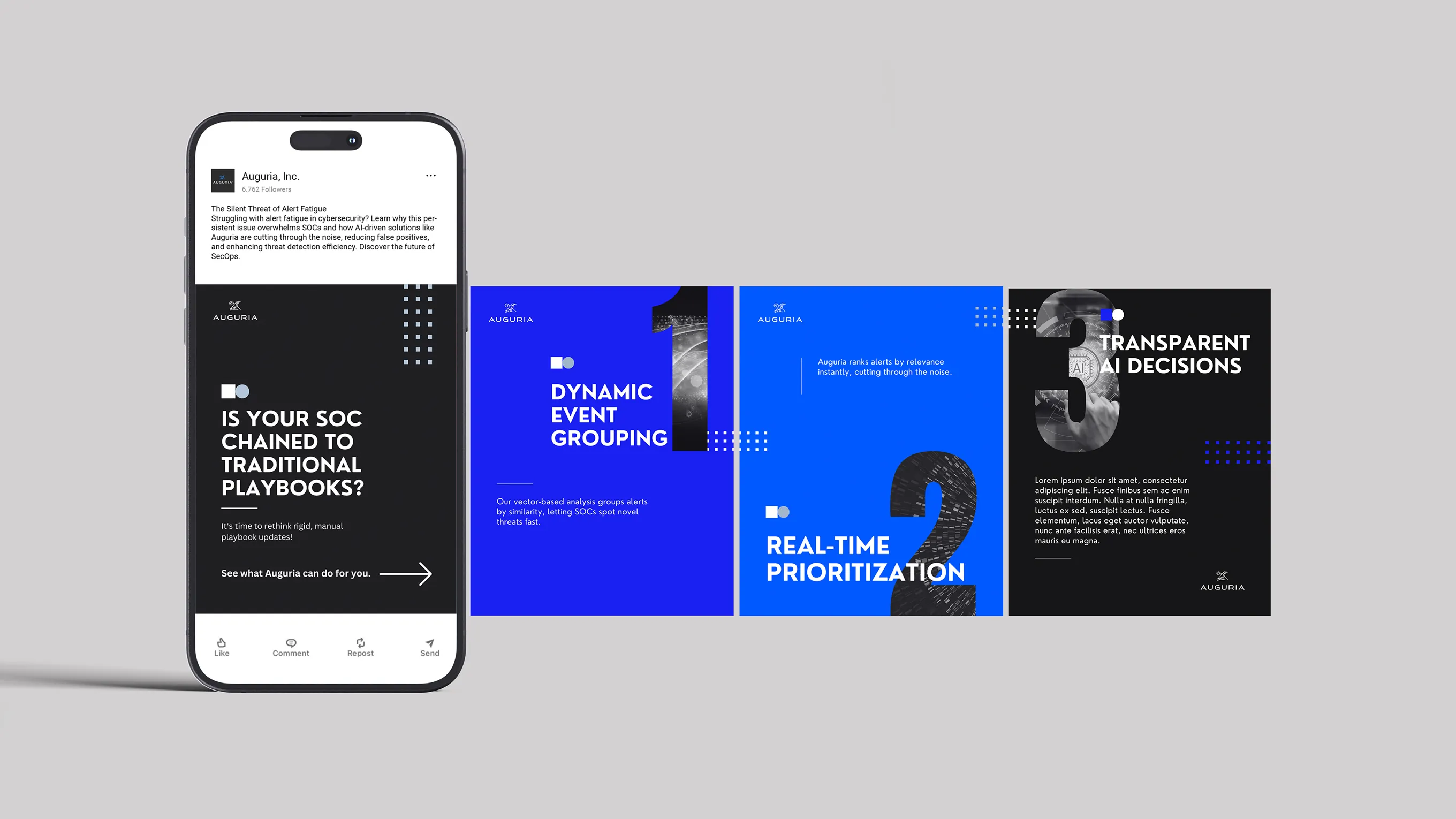 Phone screen showing Auguria social media post about alert fatigue in cybersecurity, alongside three blue and black panels highlighting Auguria features: dynamic event grouping, real-time prioritization, and transparent AI decisions.