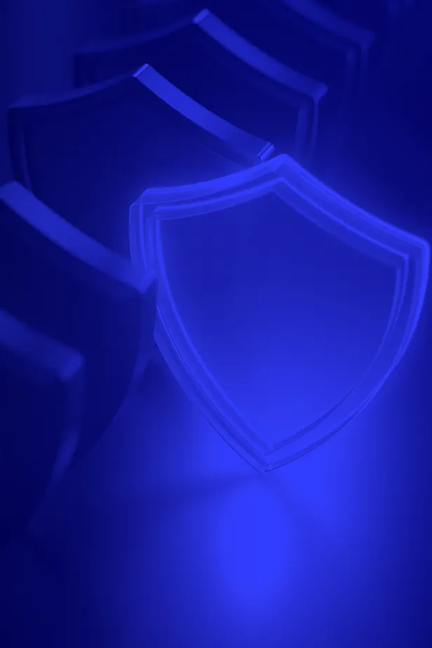 Transparent shields glowing with blue light arranged in a row on a dark blue background.