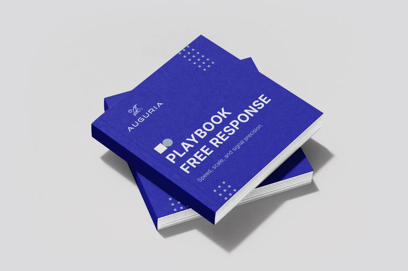 Two stacked blue playbooks titled 'PLAYBOOK FREE RESPONSE' with the Auguria logo on a light gray background.