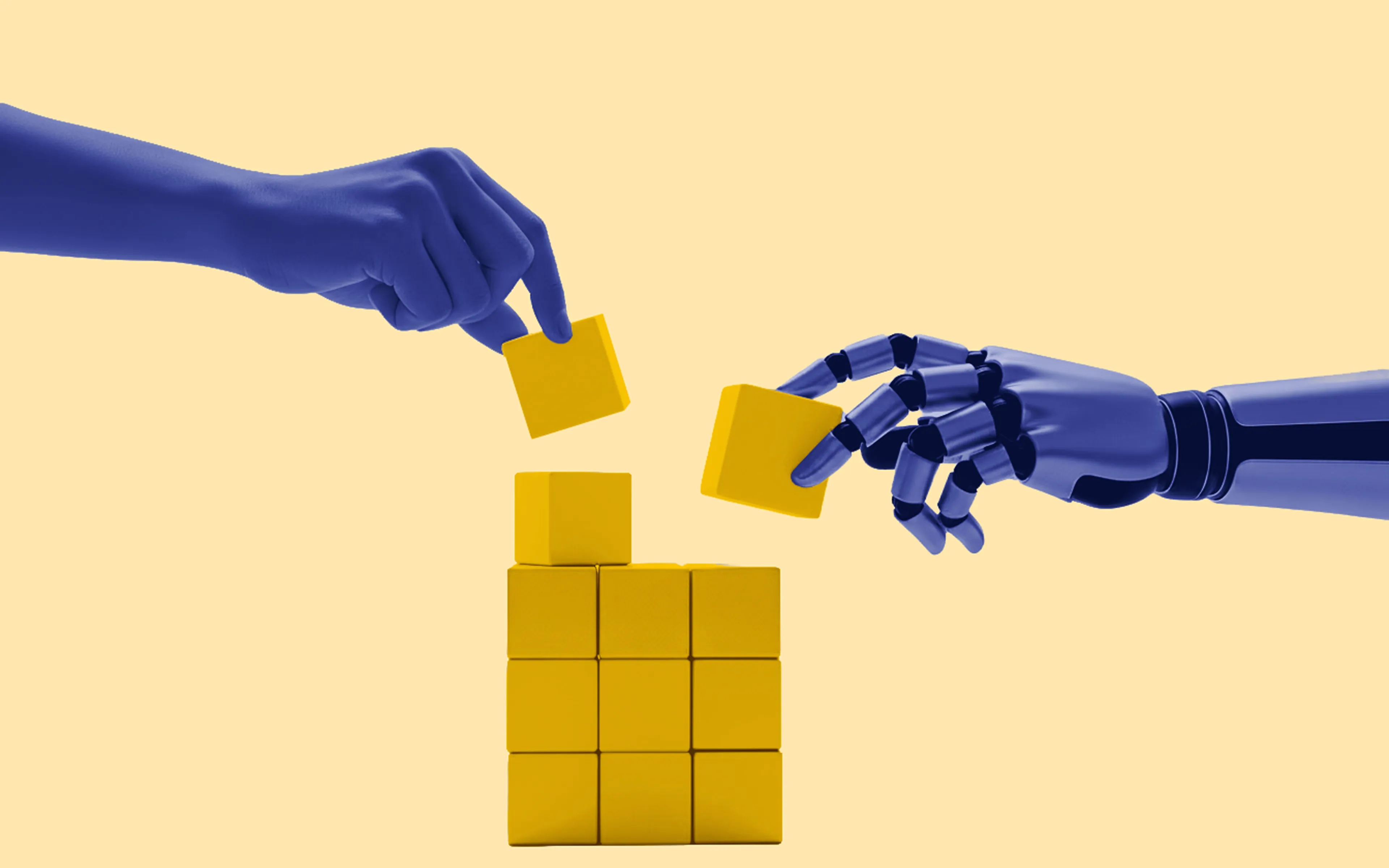 Blue human hand and robot hand collaboratively placing yellow blocks on a yellow block structure.