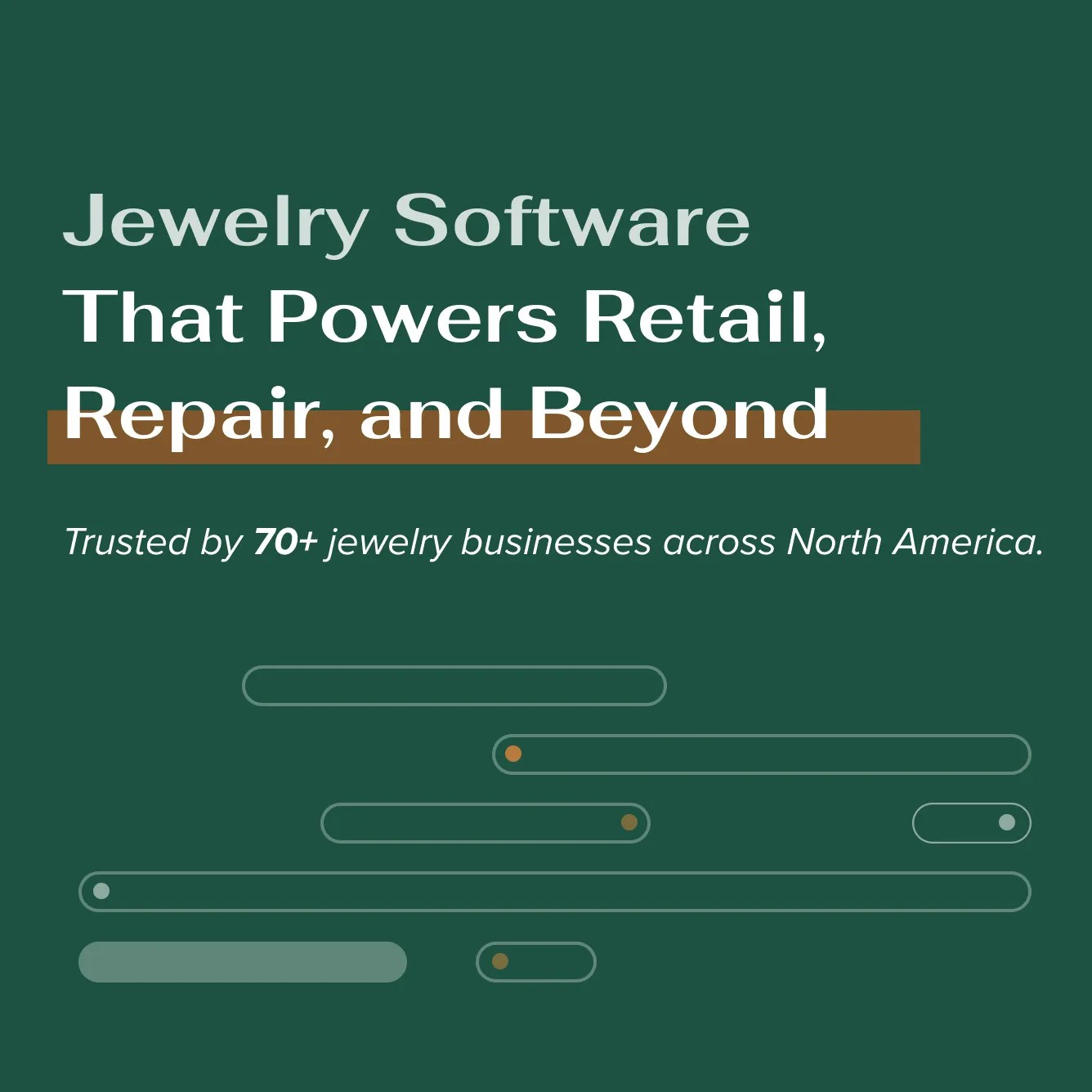 Text on dark green background reading 'Jewelry Software That Powers Retail, Repair, and Beyond' with a note about trusted by over 70 jewelry businesses across North America.