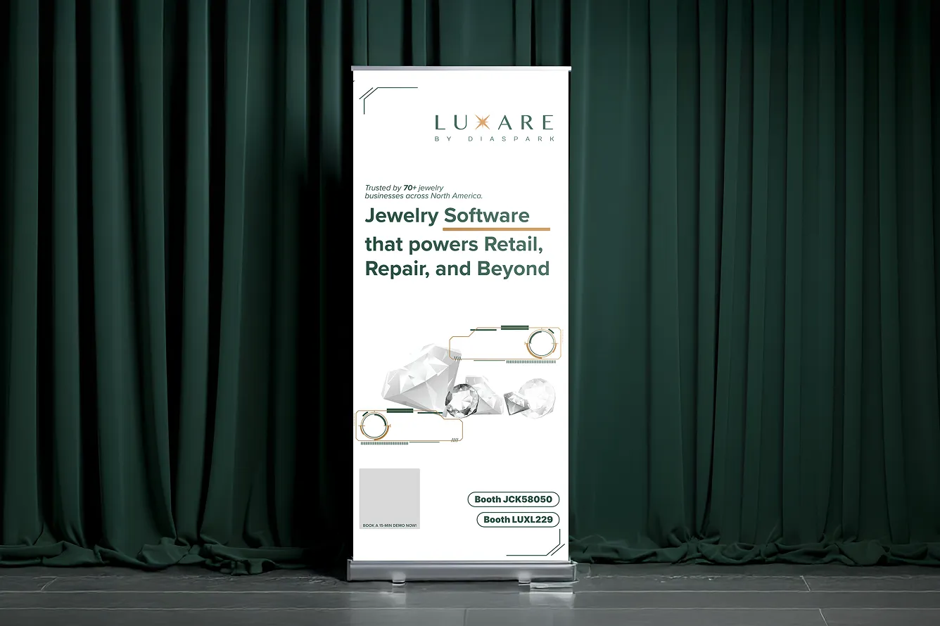 Banner advertising Luxare jewelry software powering retail, repair, and beyond with diamond illustrations and booth numbers JCK58050 and LUXL229.