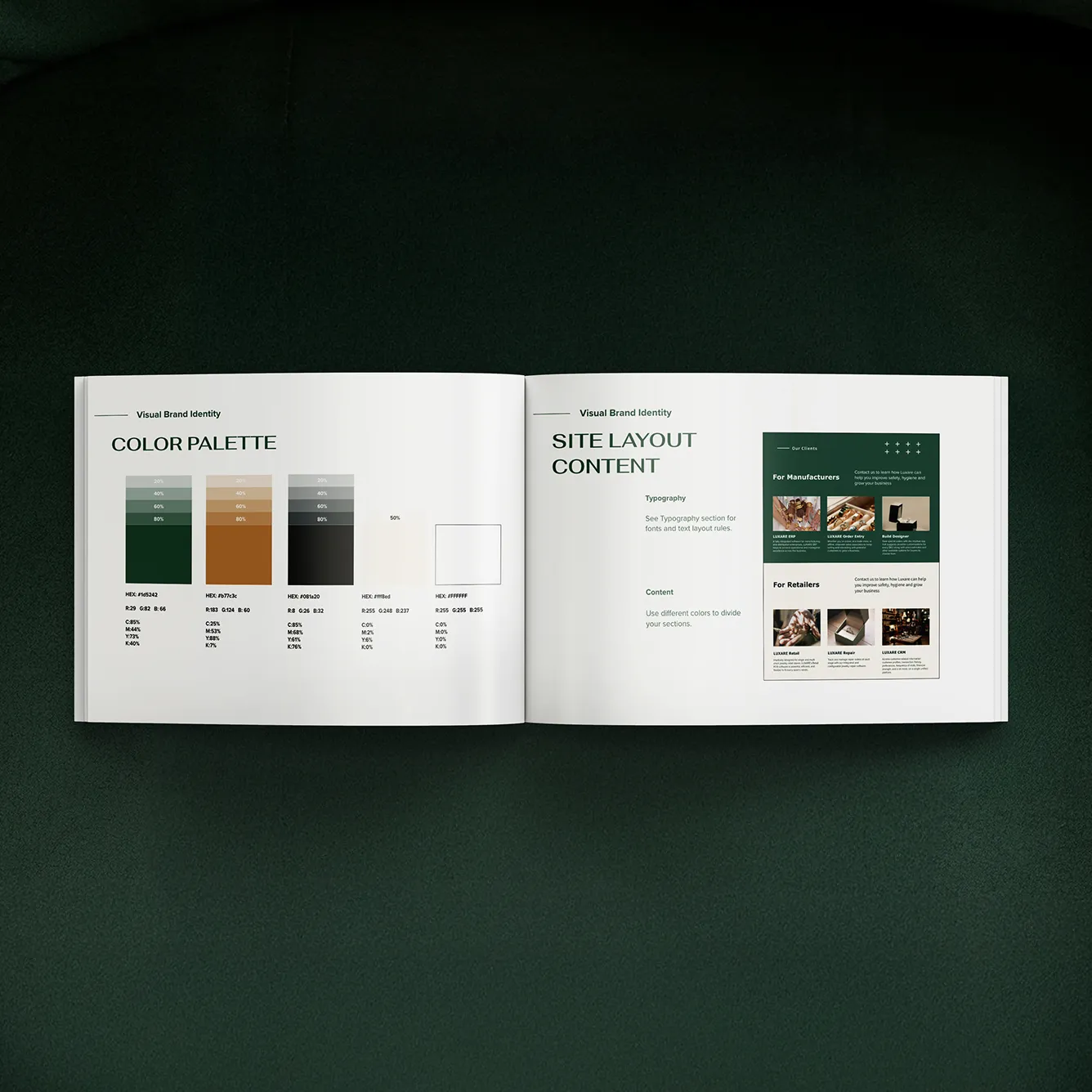 Open brand identity booklet displaying a color palette with hex and RGB codes on the left and site layout content guidelines with typography and section division on the right.