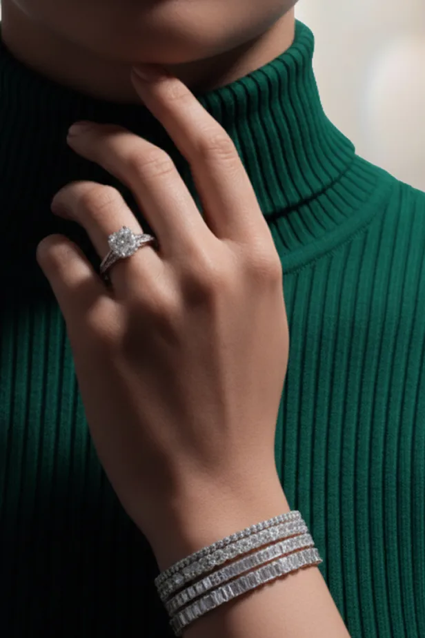 Hand wearing a diamond engagement ring and four diamond bracelets, posed near a green ribbed turtleneck.