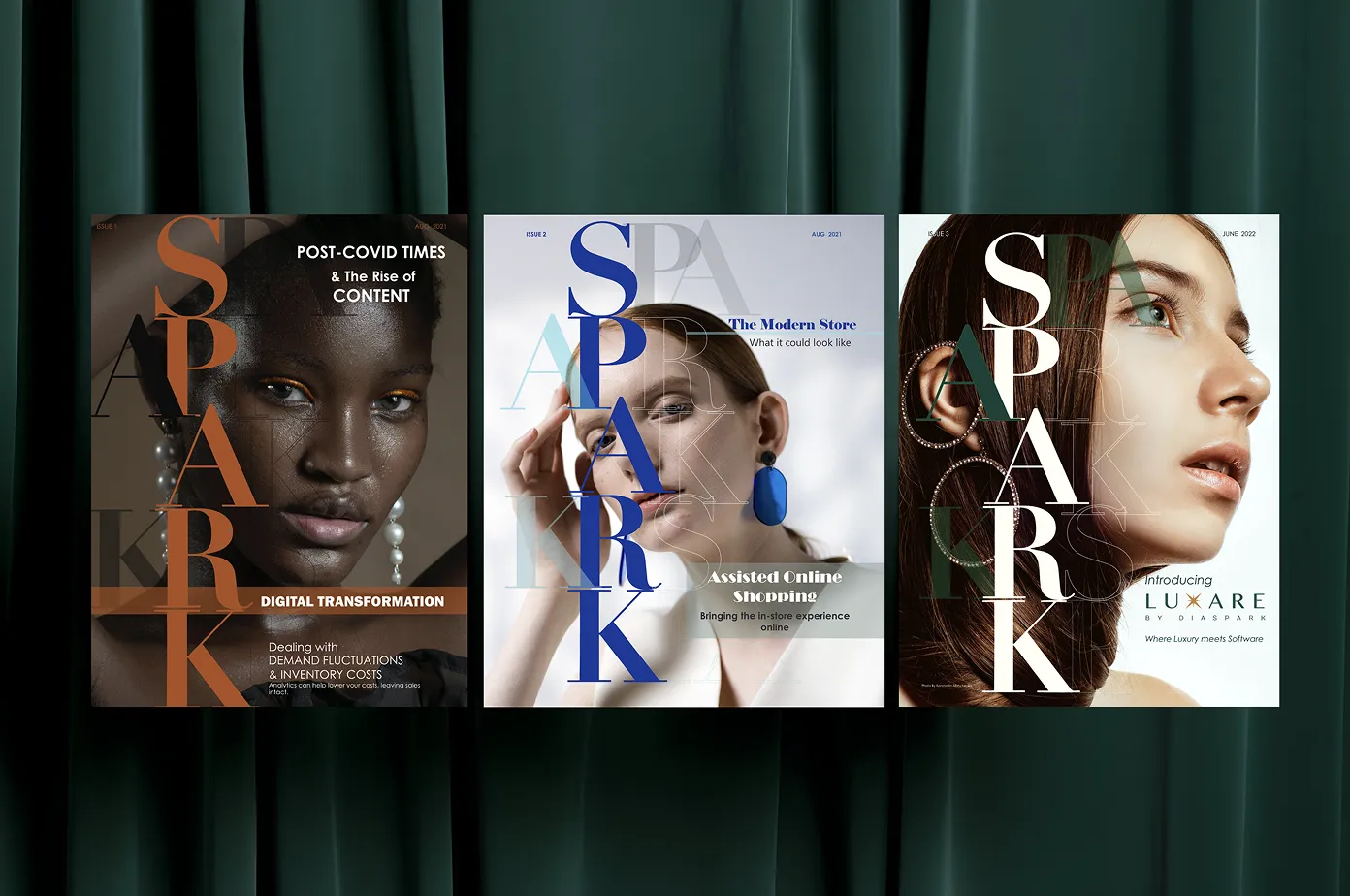 Three SPARK magazine covers featuring close-up portraits of diverse women with bold titles about digital transformation, online shopping, and luxury software.