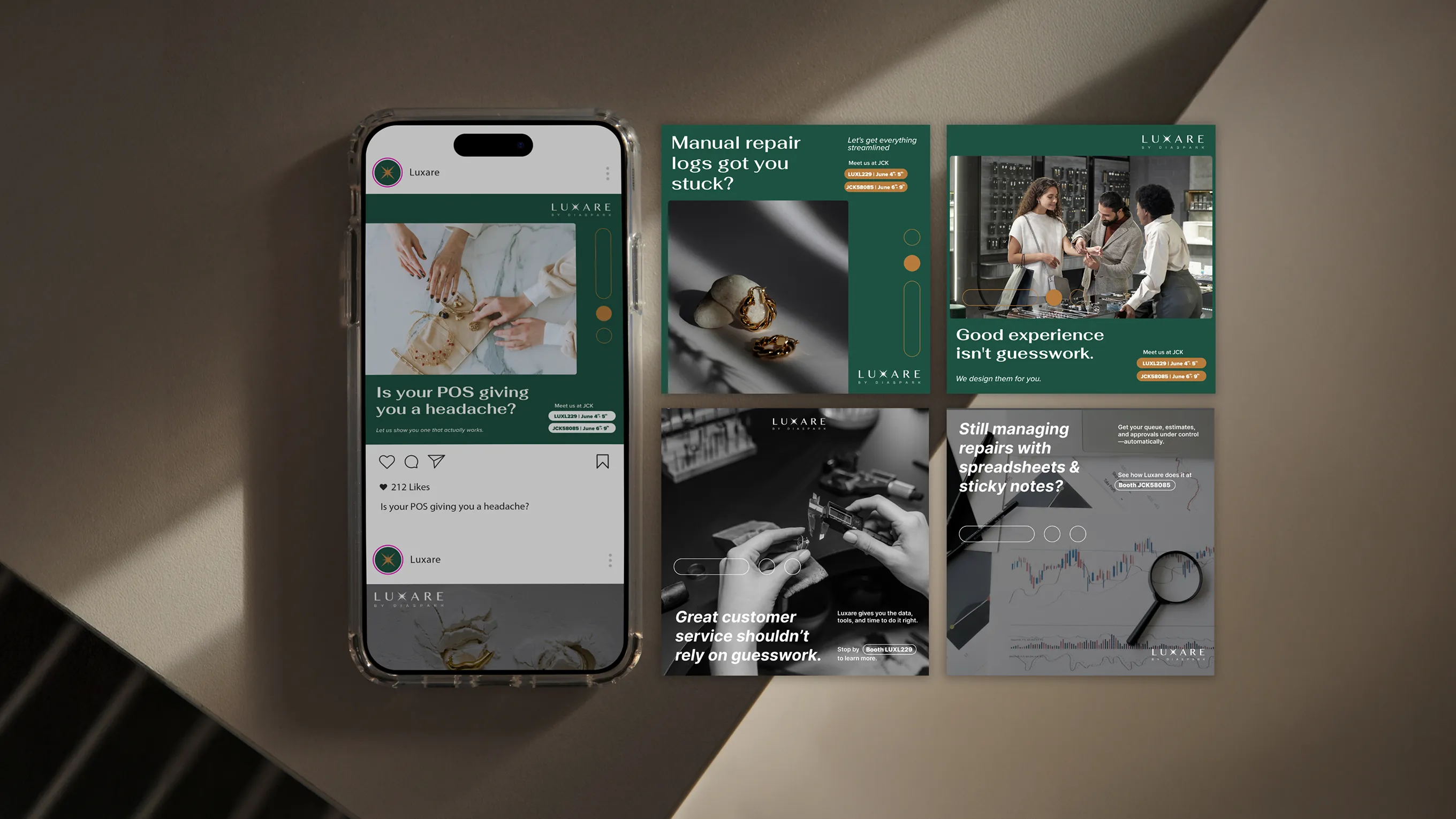 Smartphone displaying a Luxare social media post about POS headaches, surrounded by five other Luxare promotional ads addressing repair logs, customer service, and repair management solutions.