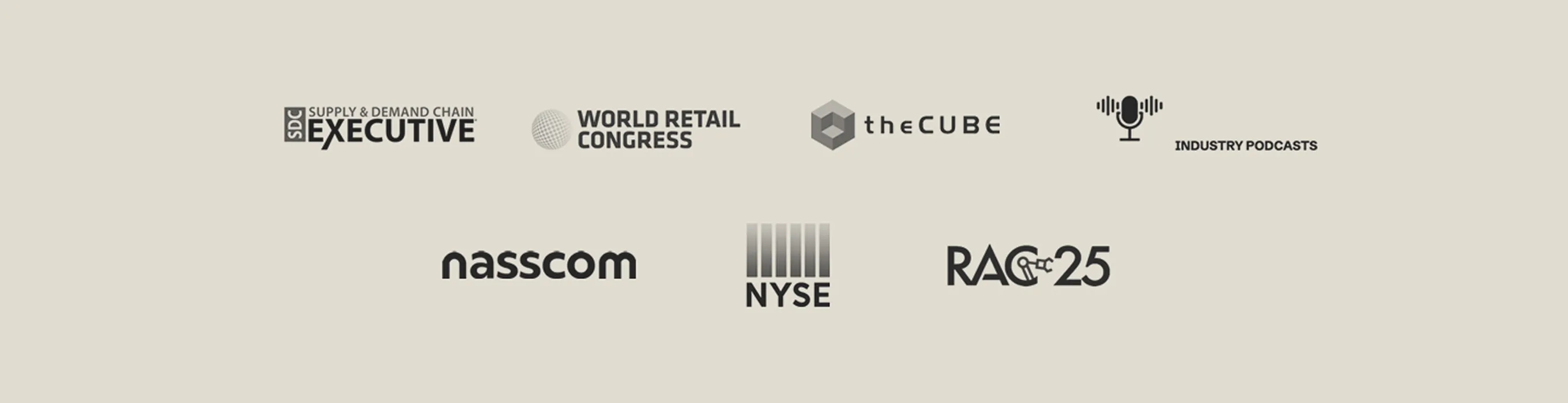 Logos of SDC Supply & Demand Chain Executive, World Retail Congress, theCUBE, Industry Podcasts, nasscom, NYSE, and RACE25 on a beige background.