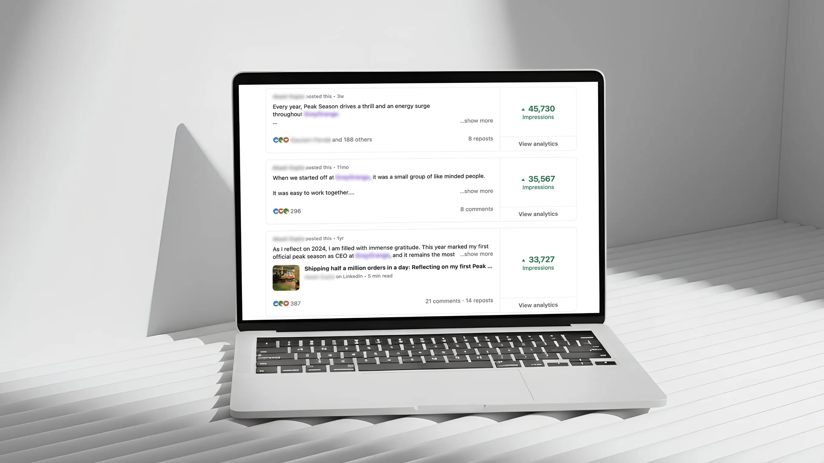 Laptop displaying LinkedIn posts analytics showing impressions and engagement statistics on a white background.