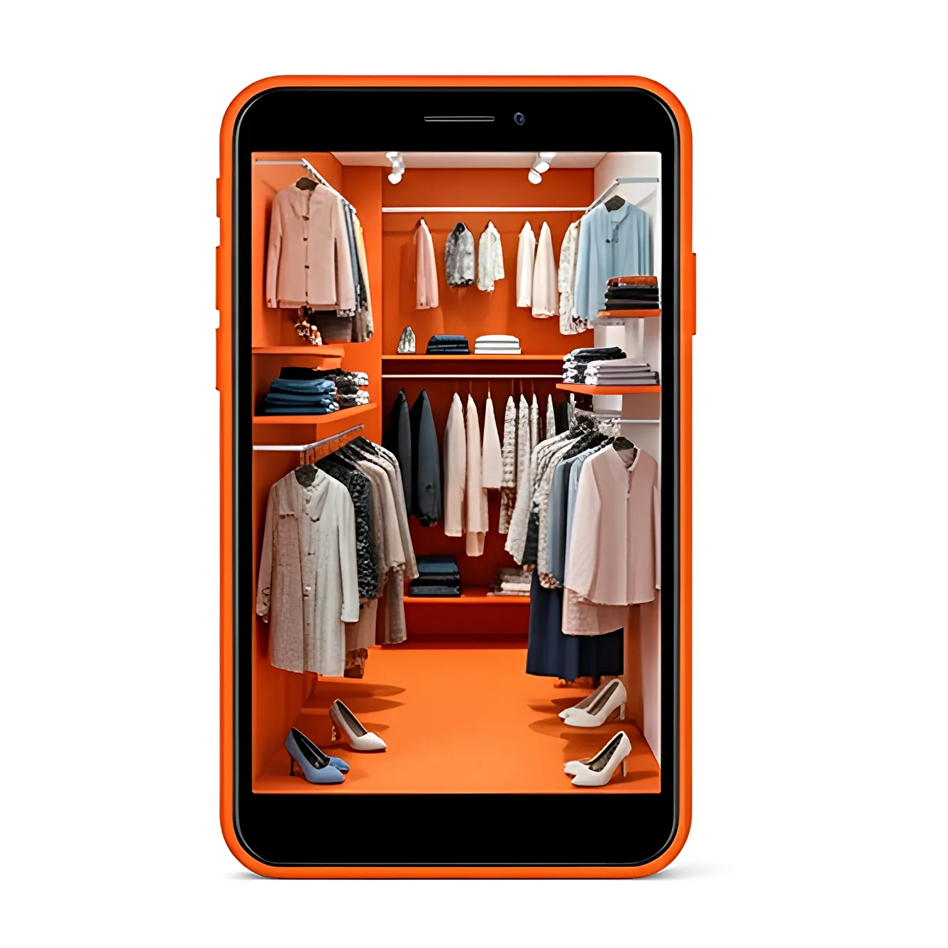 Smartphone with orange case displaying an organized closet with hanging clothes, folded garments on shelves, and pairs of shoes on the floor.