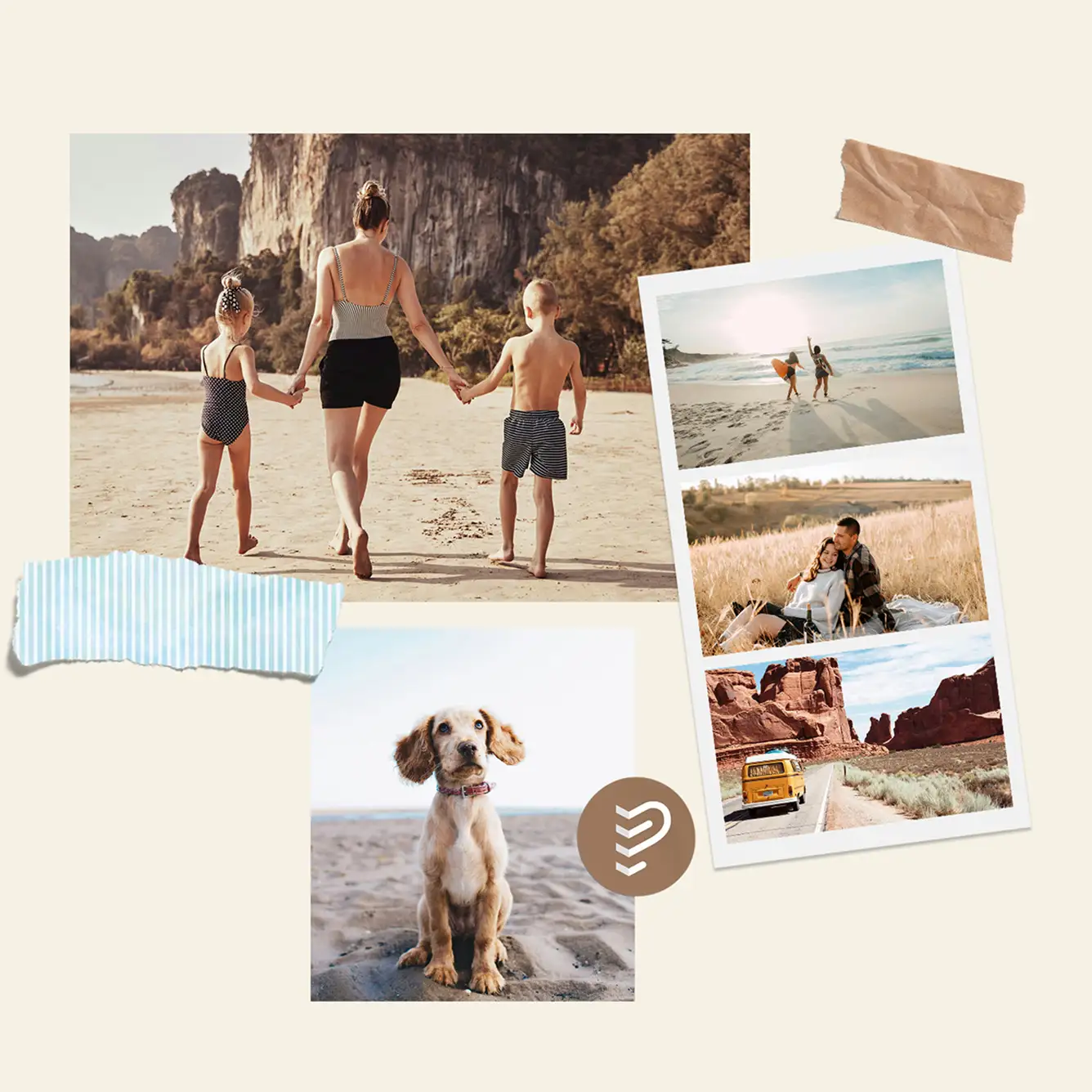 Collage of photos including a woman walking on a beach holding hands with two children, a puppy sitting on sand, two surfers walking on the beach, a couple sitting in a field, and a yellow van driving through a desert canyon.