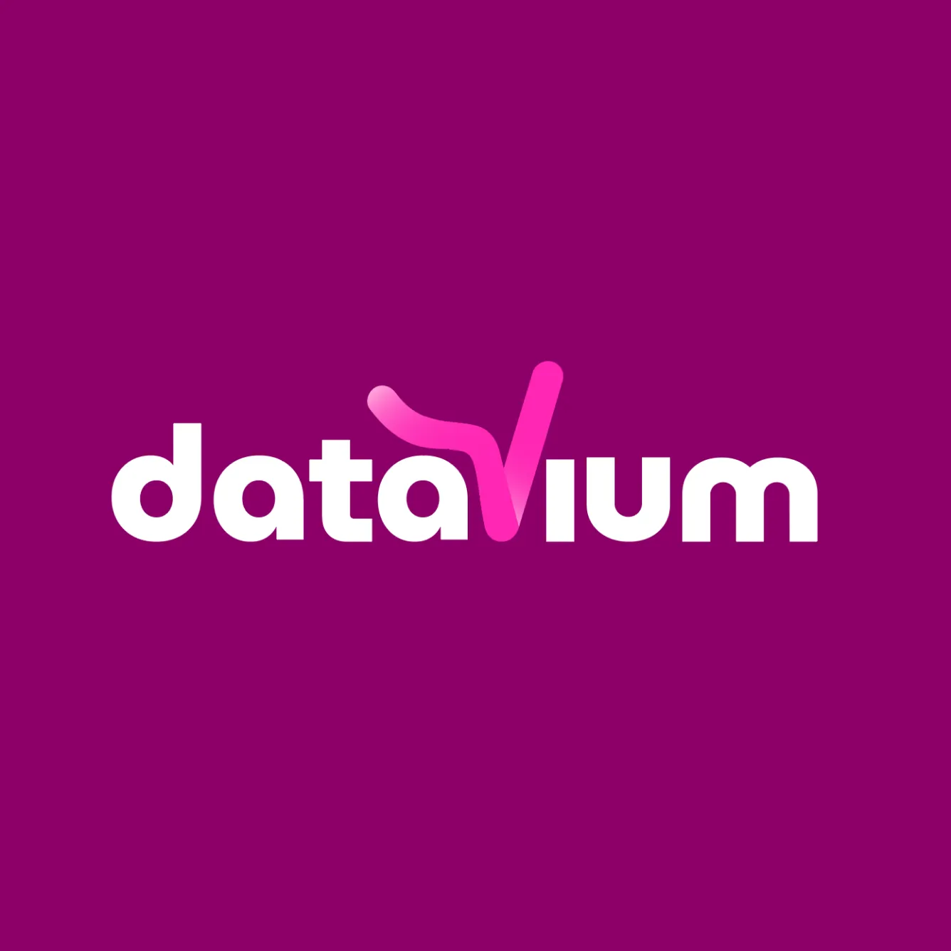 Datavium logo with white text and a stylized pink checkmark forming the letter V on a purple background.