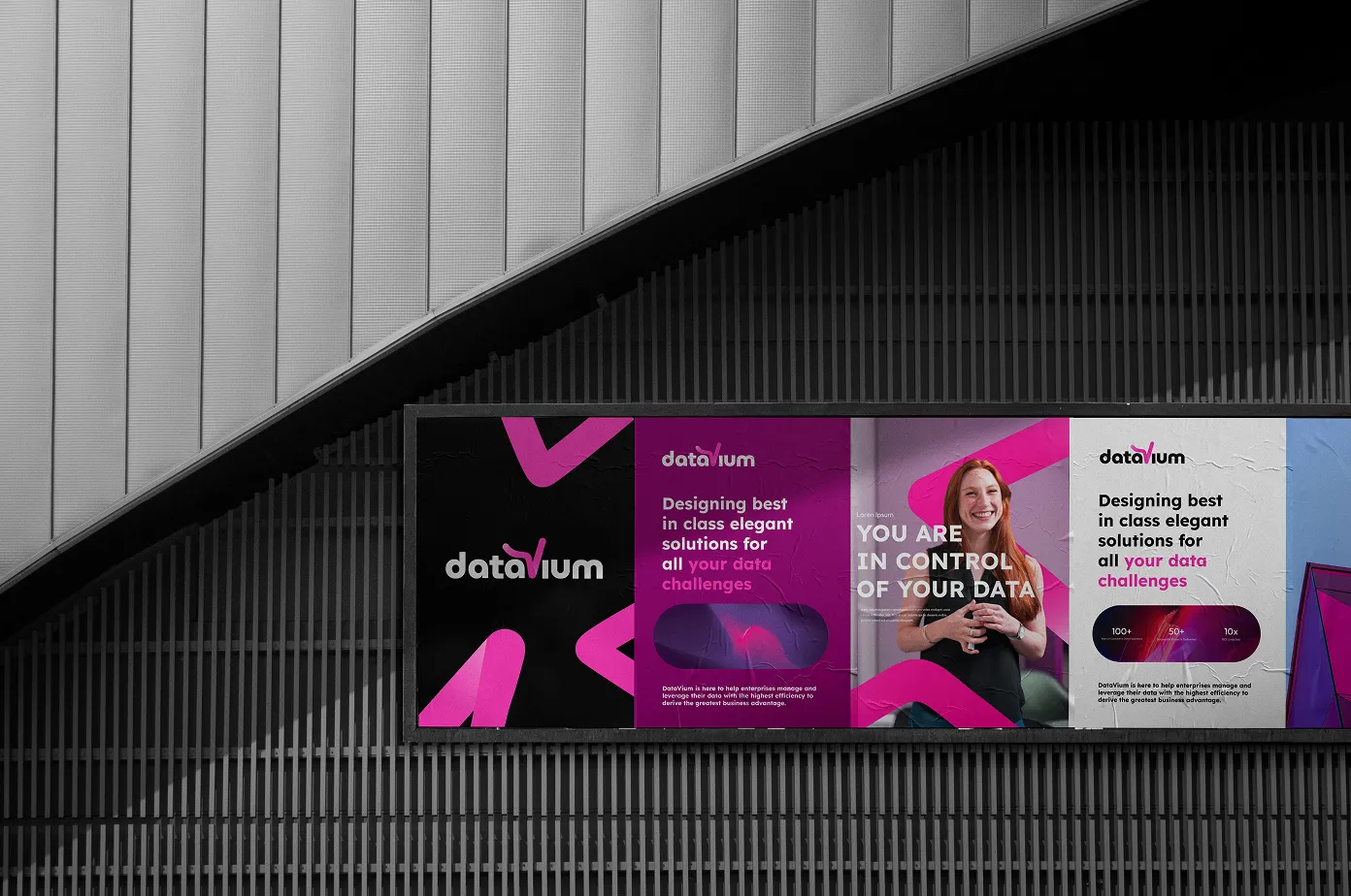 Billboard advertising Datavium with text highlighting elegant data solutions and a smiling woman holding a coffee cup.