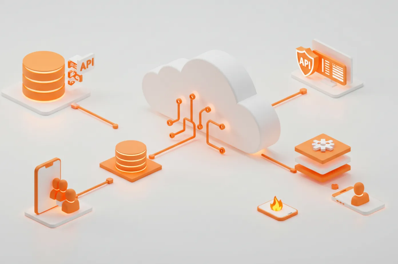 3D illustration of cloud computing network connecting database, API security, user devices, and app interfaces in orange and white tones.