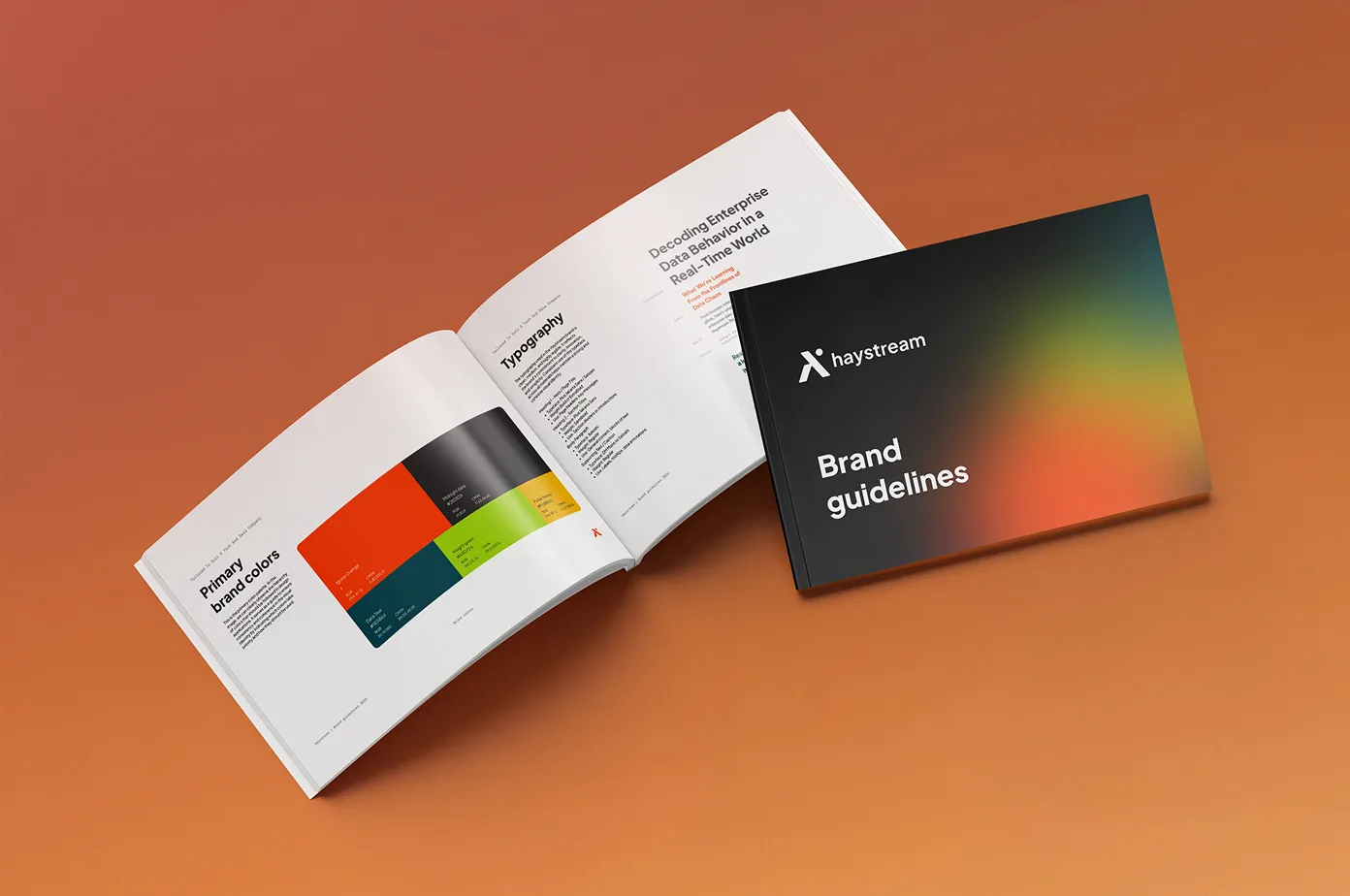 Two brand guideline booklets for haystream, one closed with a gradient cover, the other open showing primary brand colors and typography details.