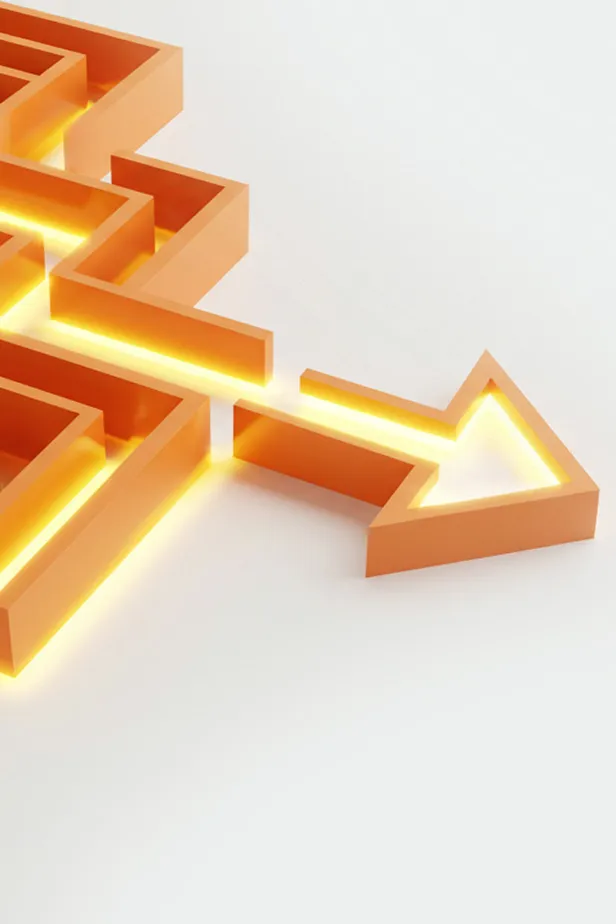 Orange glowing arrow pointing to the right, integrated with a maze-like structure on a white background.