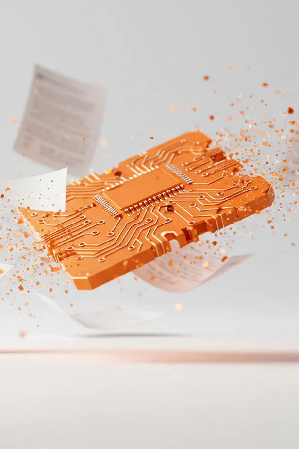 Close-up of an orange printed circuit board with electronic components surrounded by floating paper sheets and orange particles.