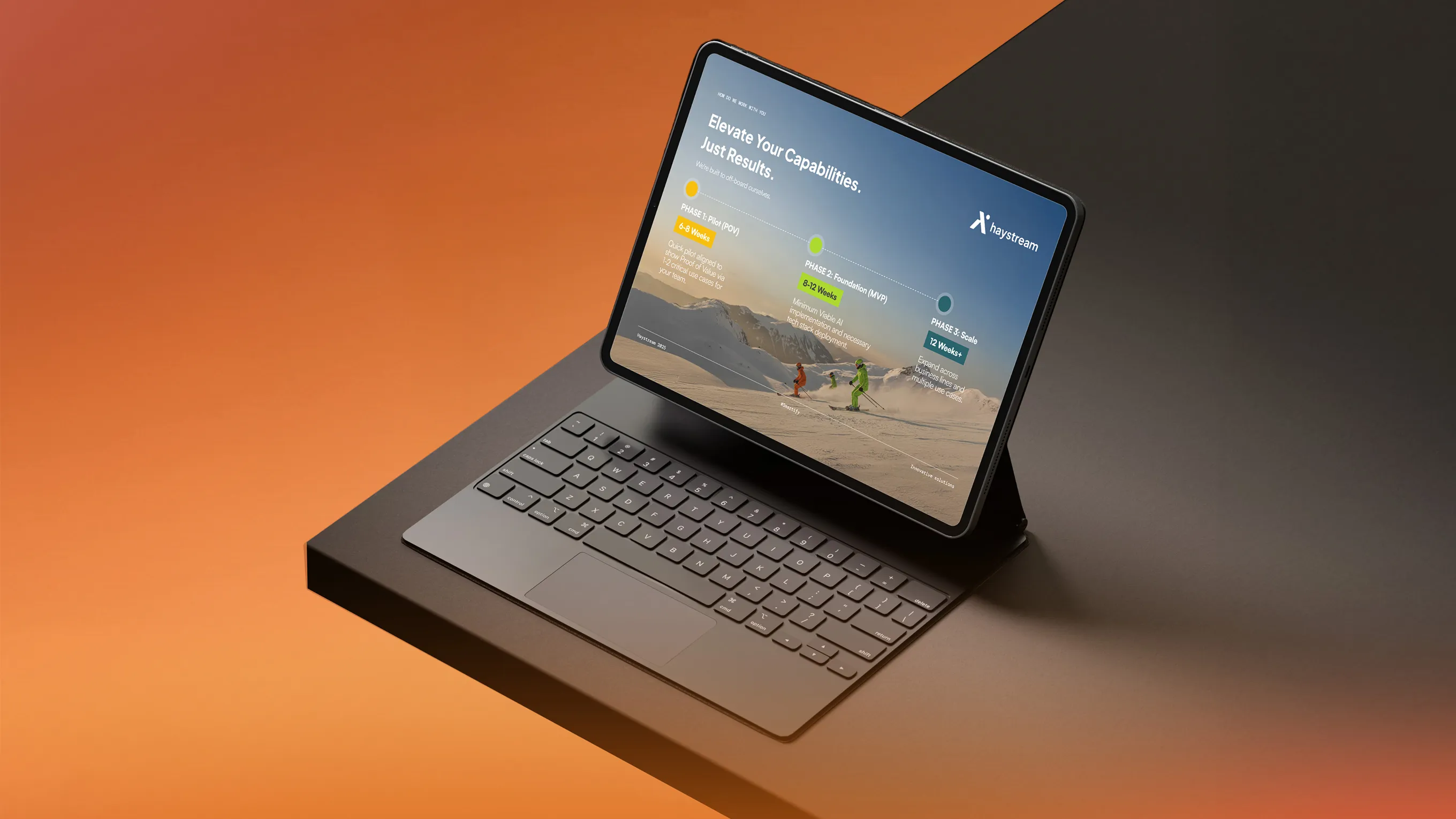 Tablet with detachable keyboard on a dark surface displaying a workflow diagram with three phases against a mountainous snowy background.