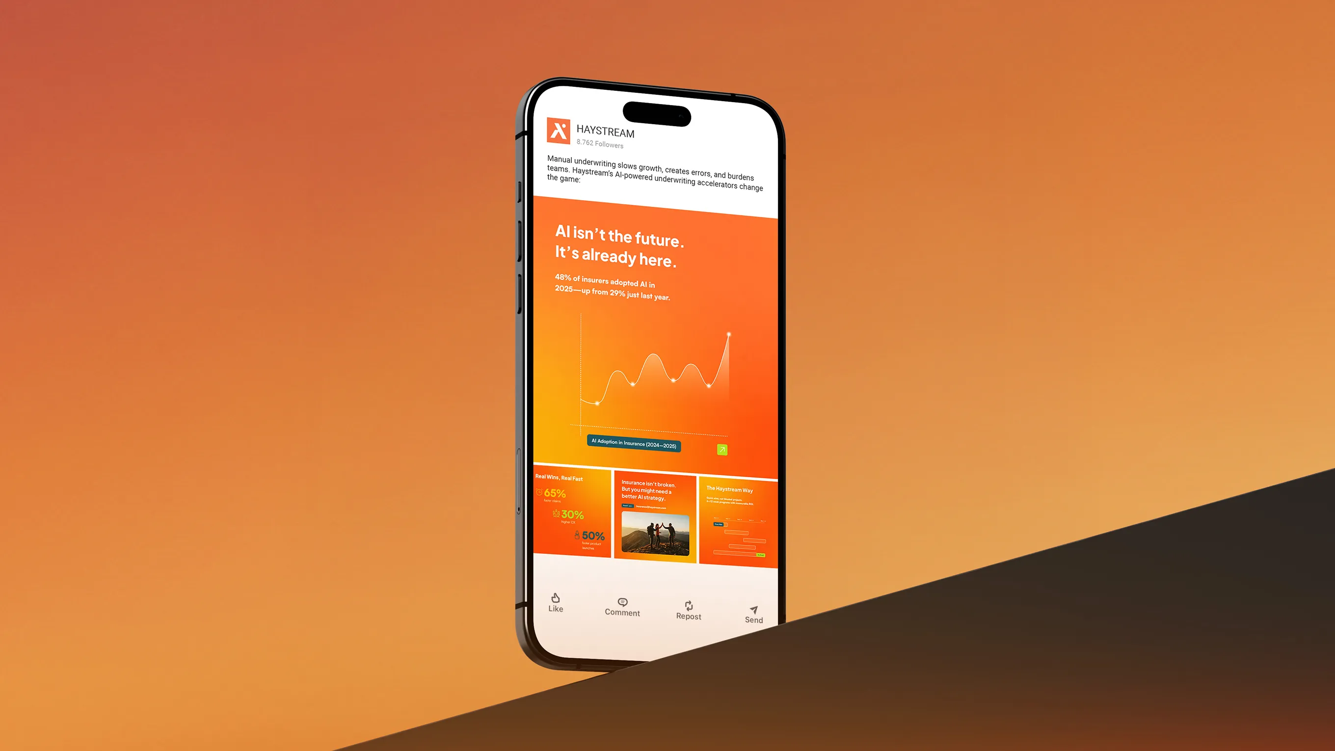 Smartphone displaying a social media post by Haystream about AI in insurance with an orange background and a line graph showing AI adoption growth.