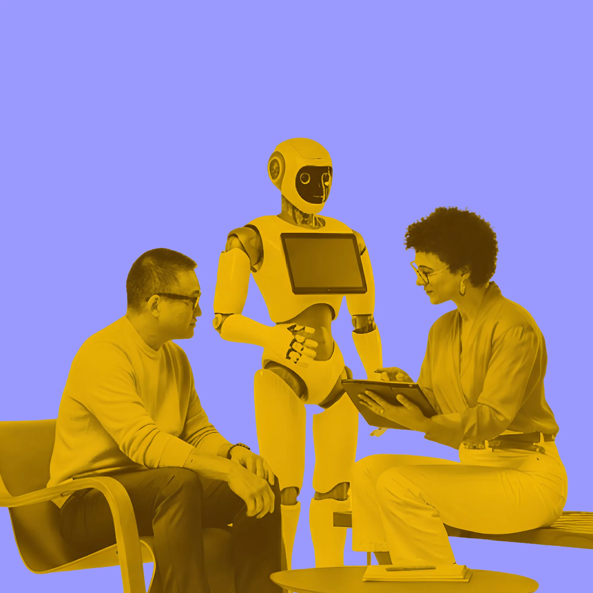 A man and a woman interacting with a humanoid robot holding a tablet, seated around a table with a notebook.