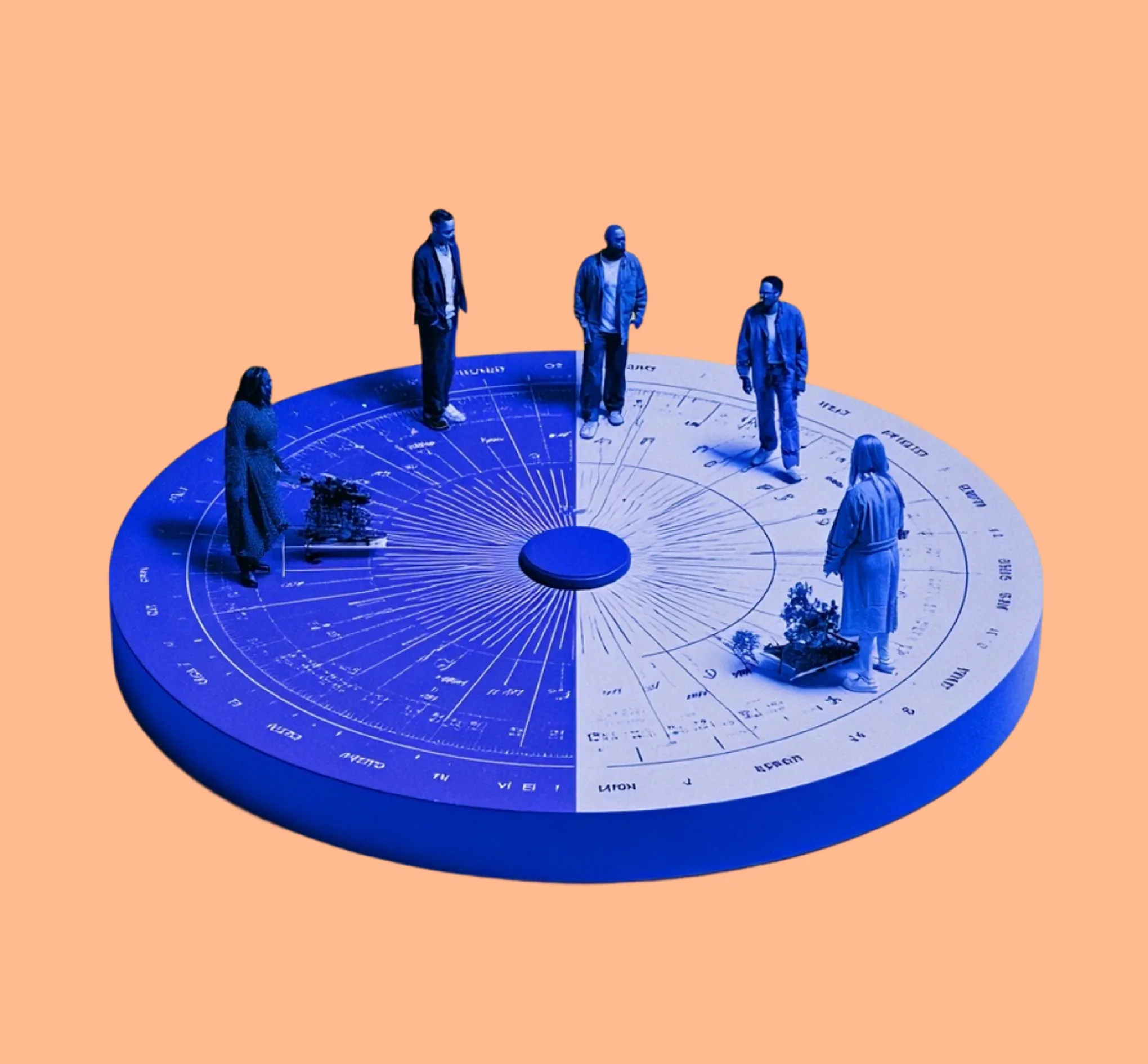 Five people standing on a large circular chart divided into two halves, one blue and one white, on a peach background.