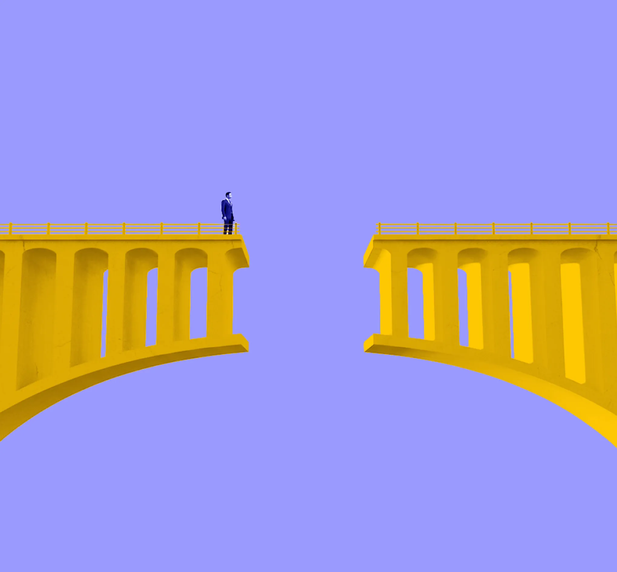 Man in a suit standing on the edge of a broken yellow bridge against a solid blue background.