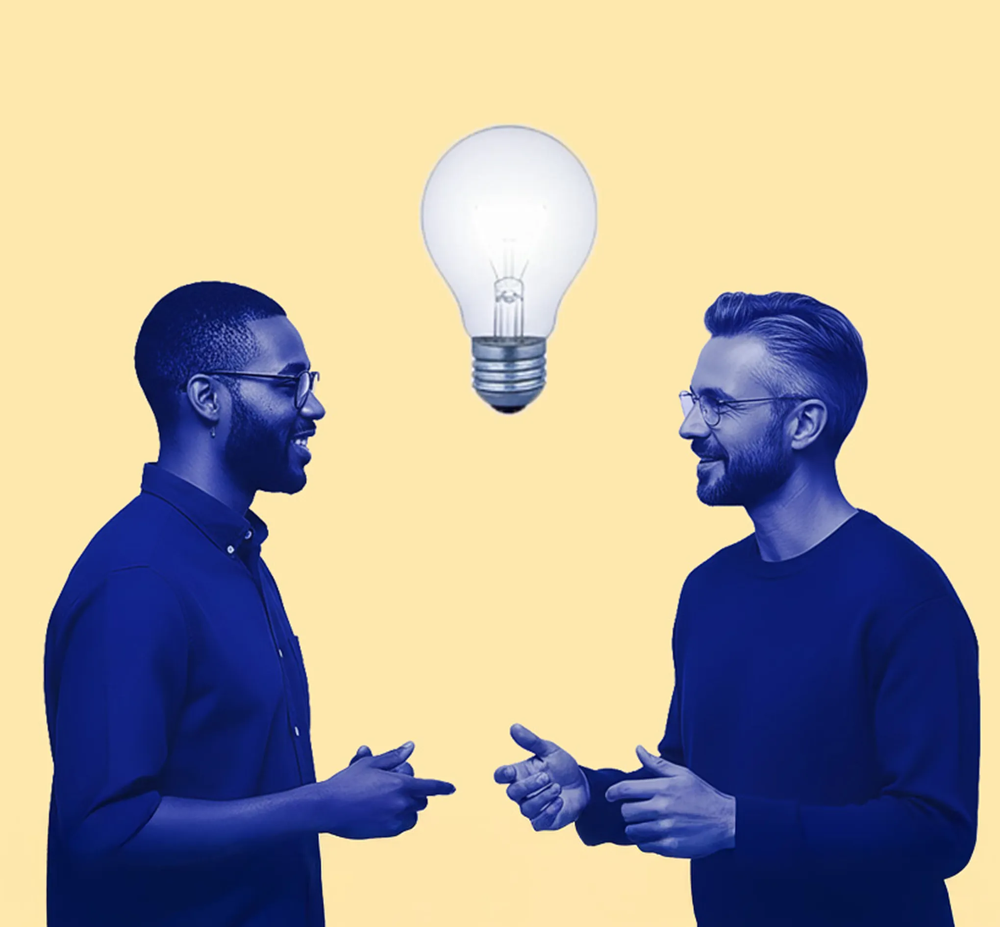 Two men facing each other and talking with a glowing light bulb between them on a yellow background.