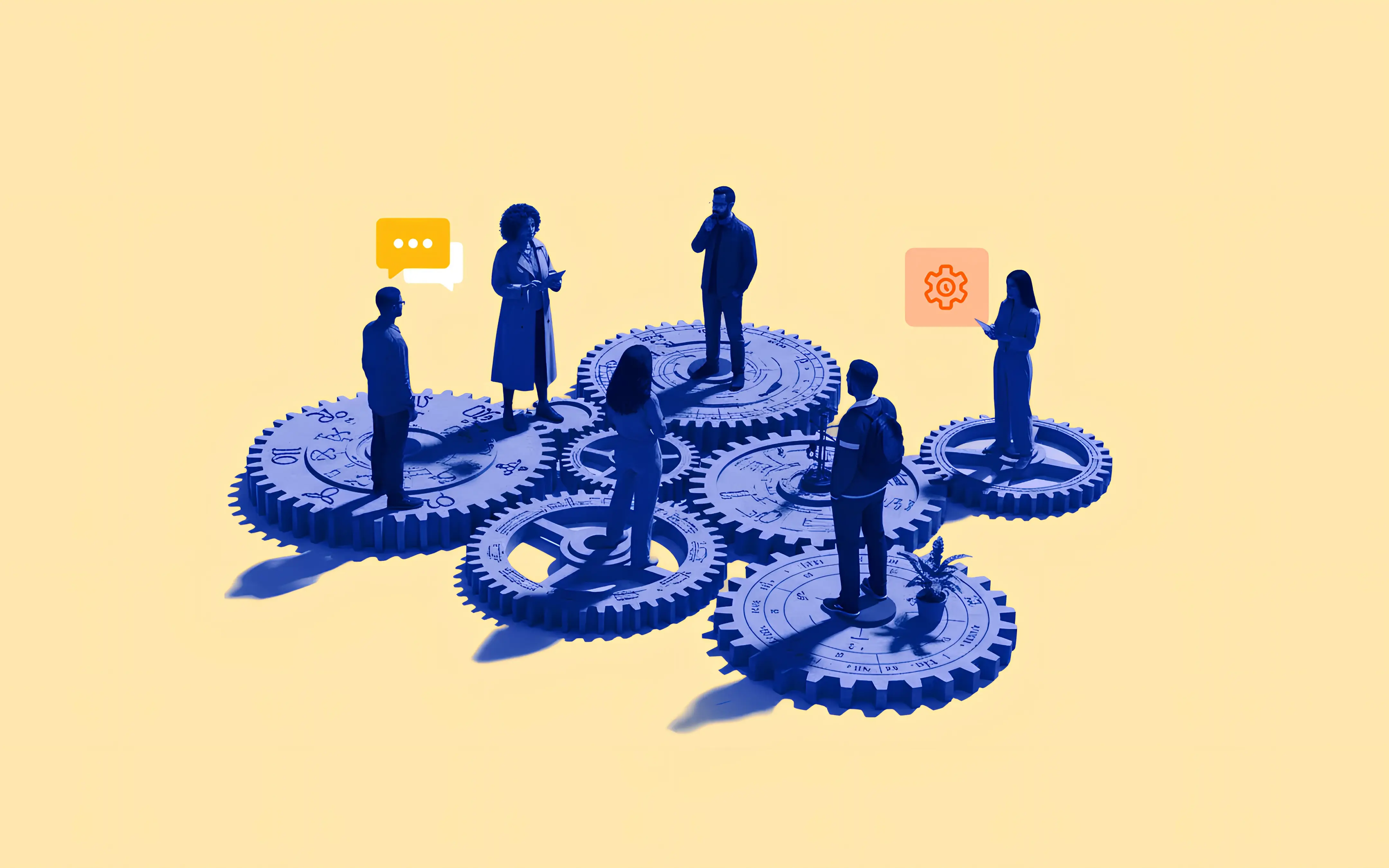 Five people standing on interconnected blue gears with communication and settings icons above them on a yellow background.