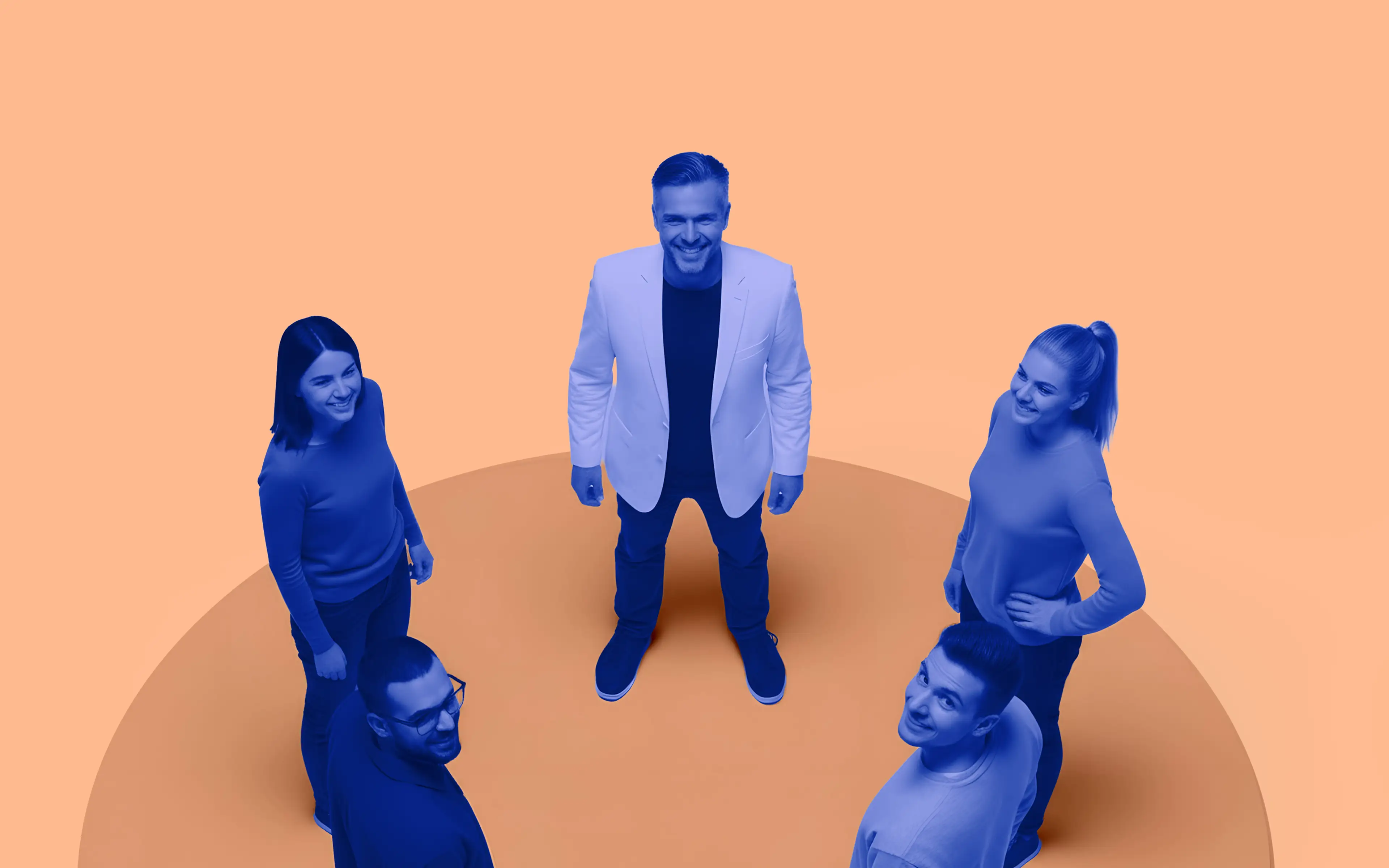Five people standing in a circle looking up and smiling, with a peach background and blue color overlay on them.