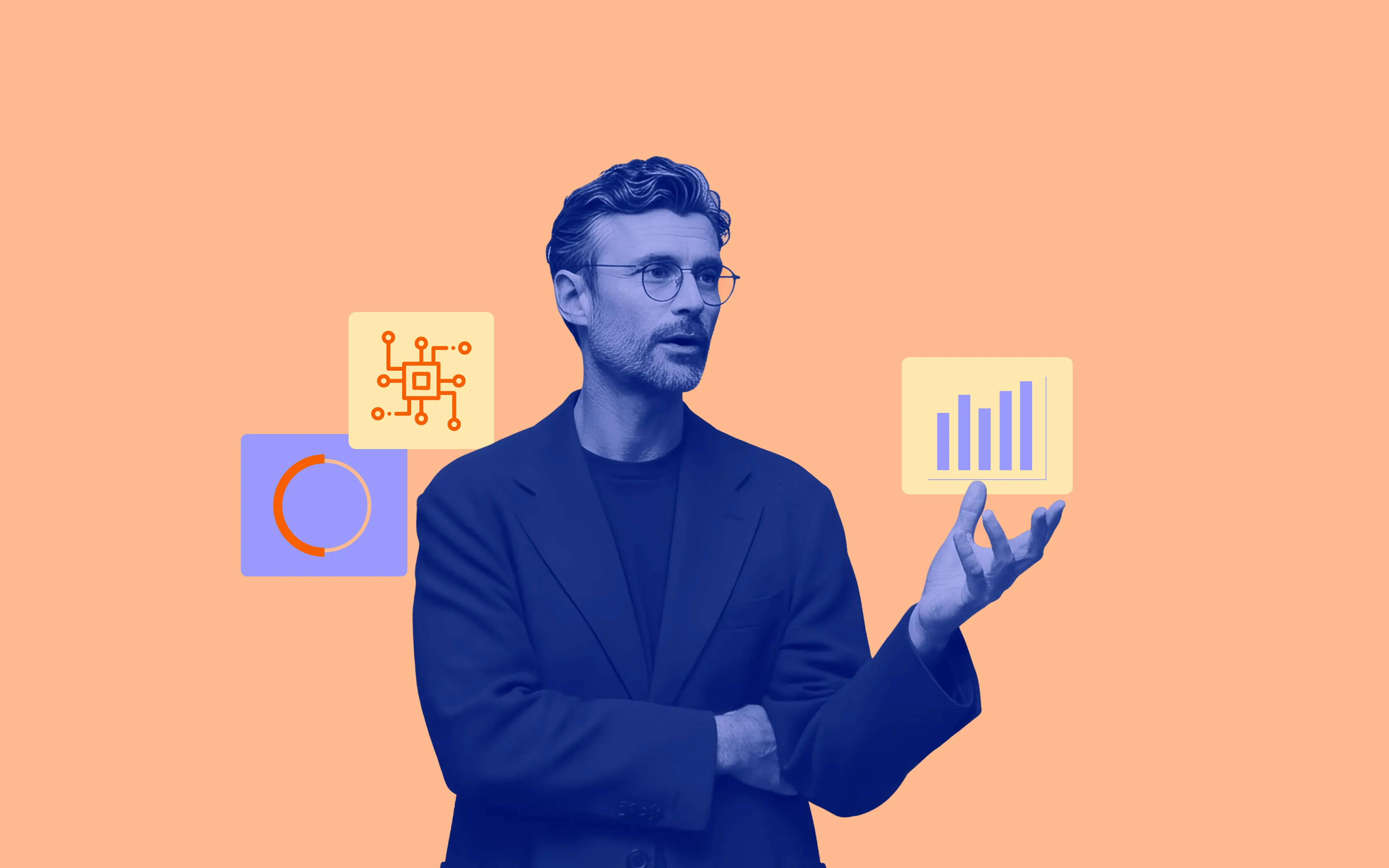 Man in glasses and dark blazer gesturing with one hand, with digital icons of a circuit board, pie chart, and bar graph floating nearby on an orange background.