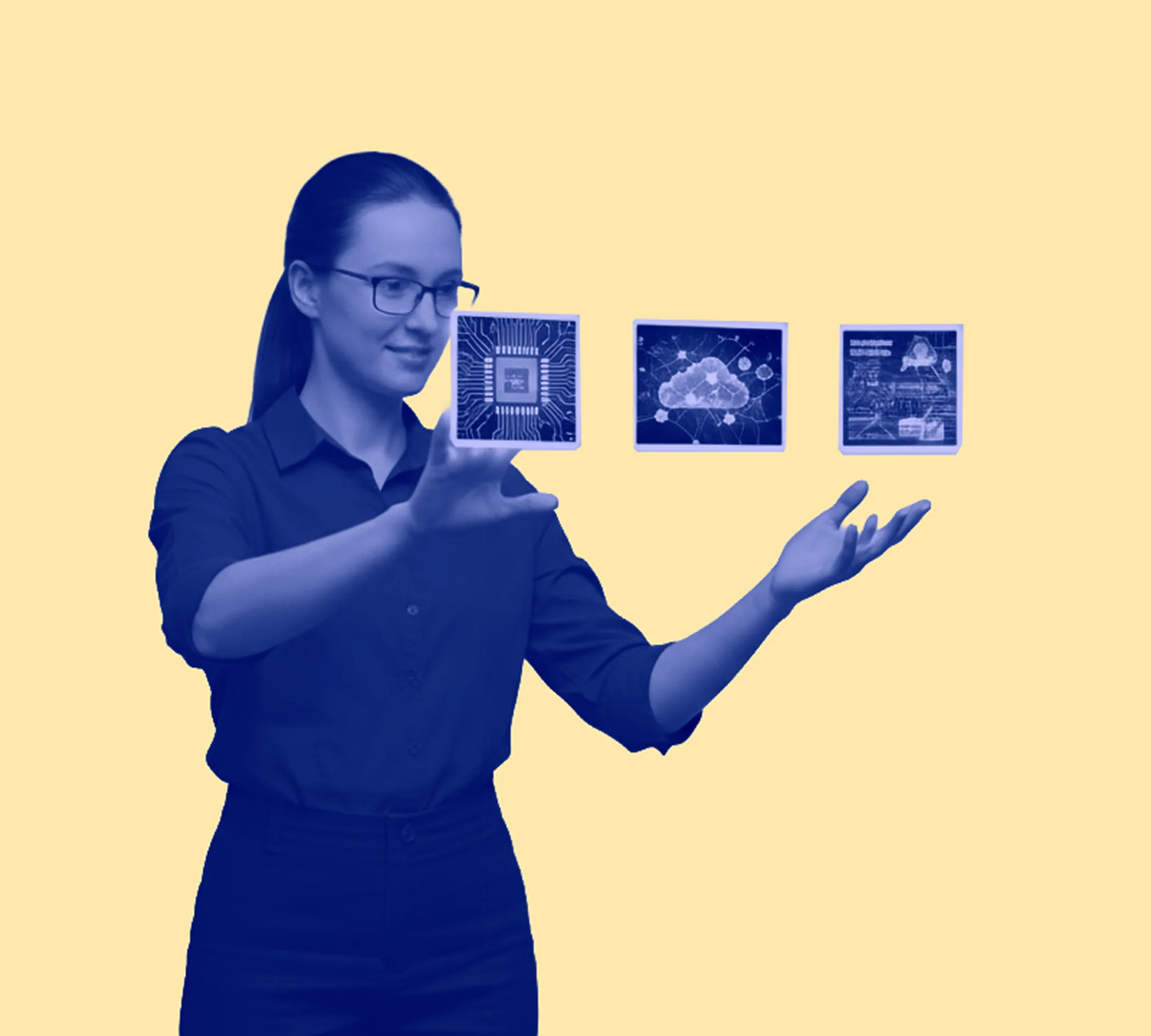 Woman with glasses interacting with floating digital icons representing a microchip, cloud network, and data analysis on a yellow background.