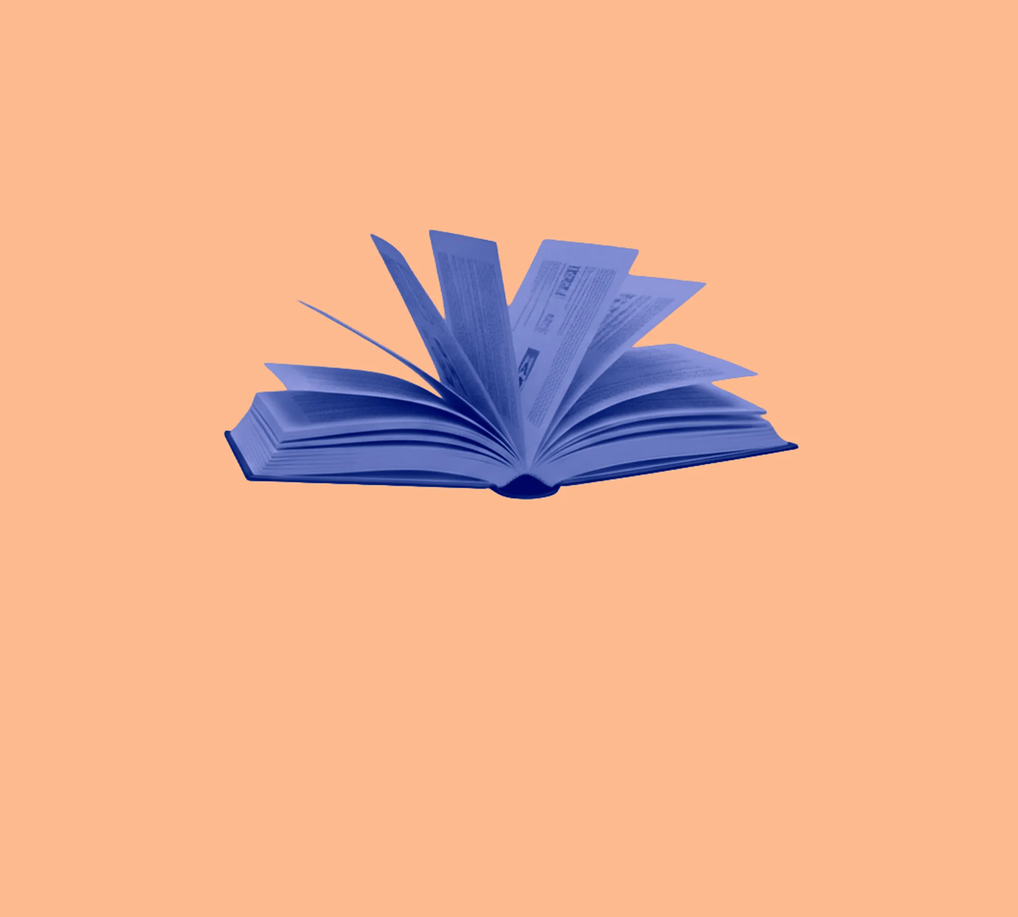Open book with pages fanning out in motion on a solid peach background.