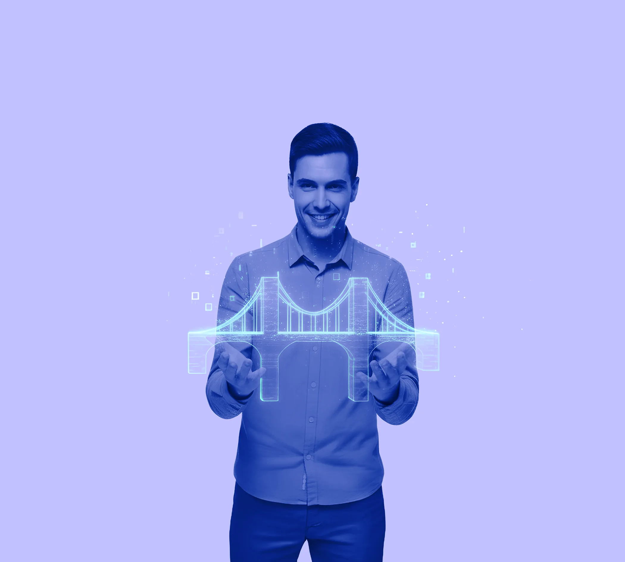 Smiling man holding a holographic digital model of a suspension bridge.