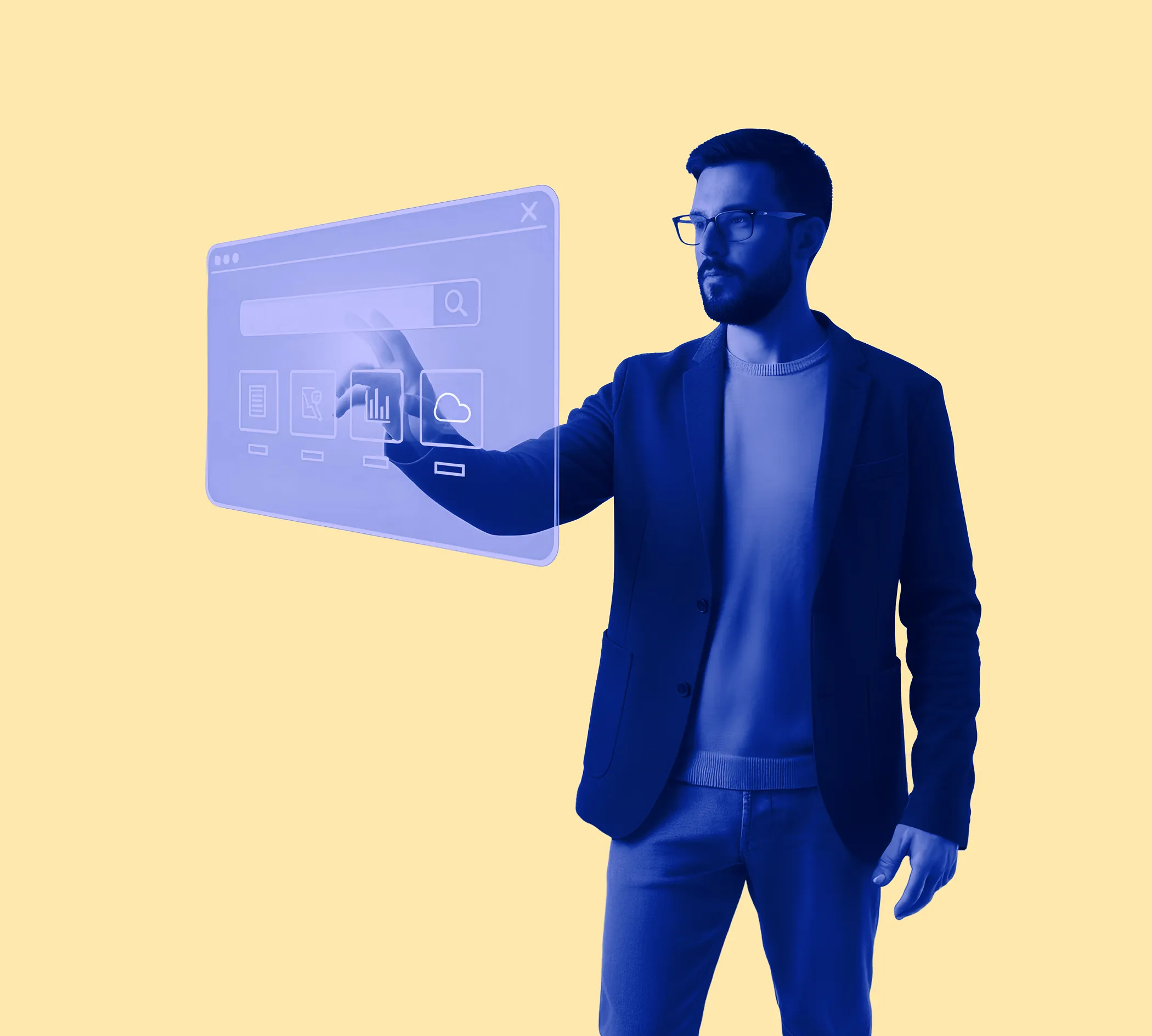 Man in glasses interacting with a floating digital interface displaying icons and a search bar on a yellow background.