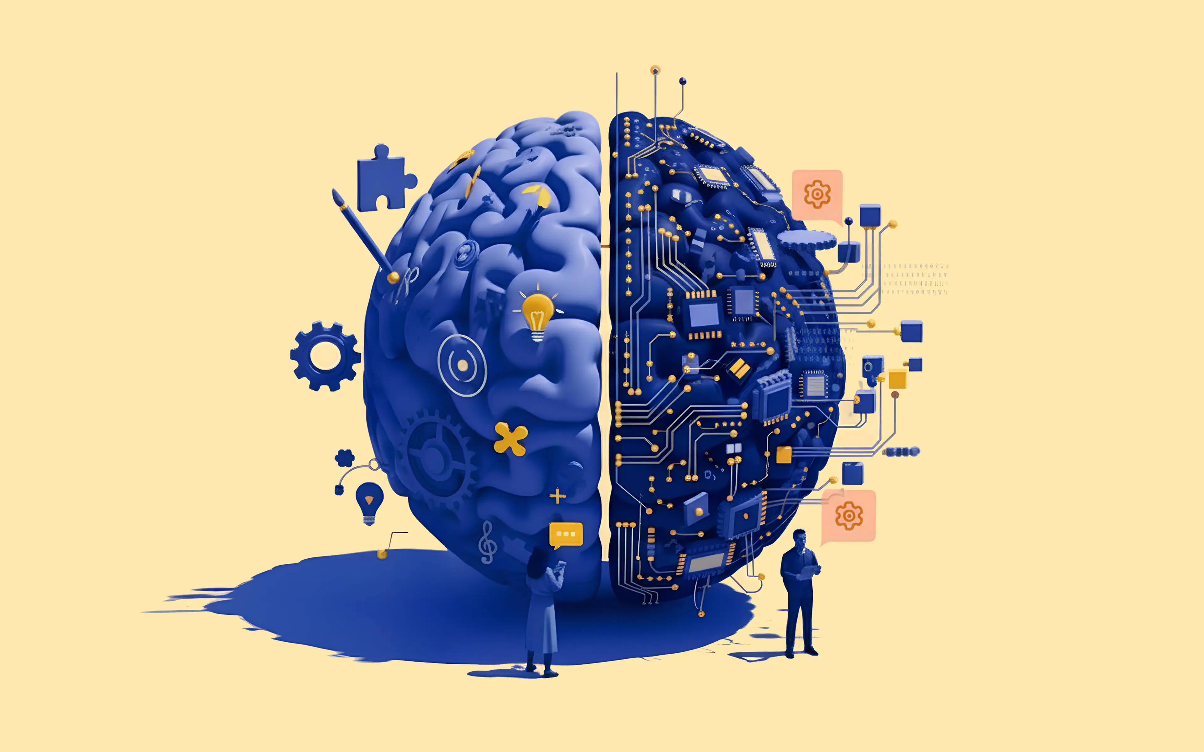 Illustration of a large brain split in half with the left side showing creative icons and the right side as a circuit board, with two small people observing each side.