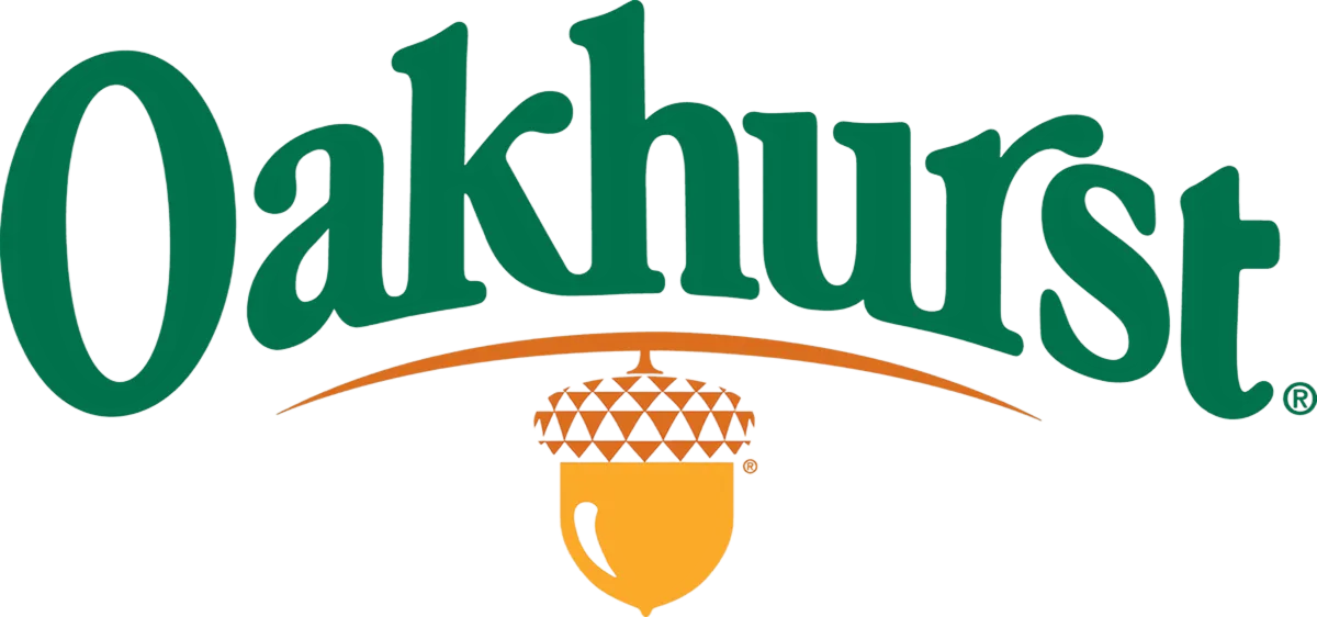 Oakhurst logo with green text and an orange acorn graphic underneath a curved line.