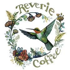 Illustration of a hummingbird surrounded by a circular floral wreath with the text 'Reverie Coffee'.